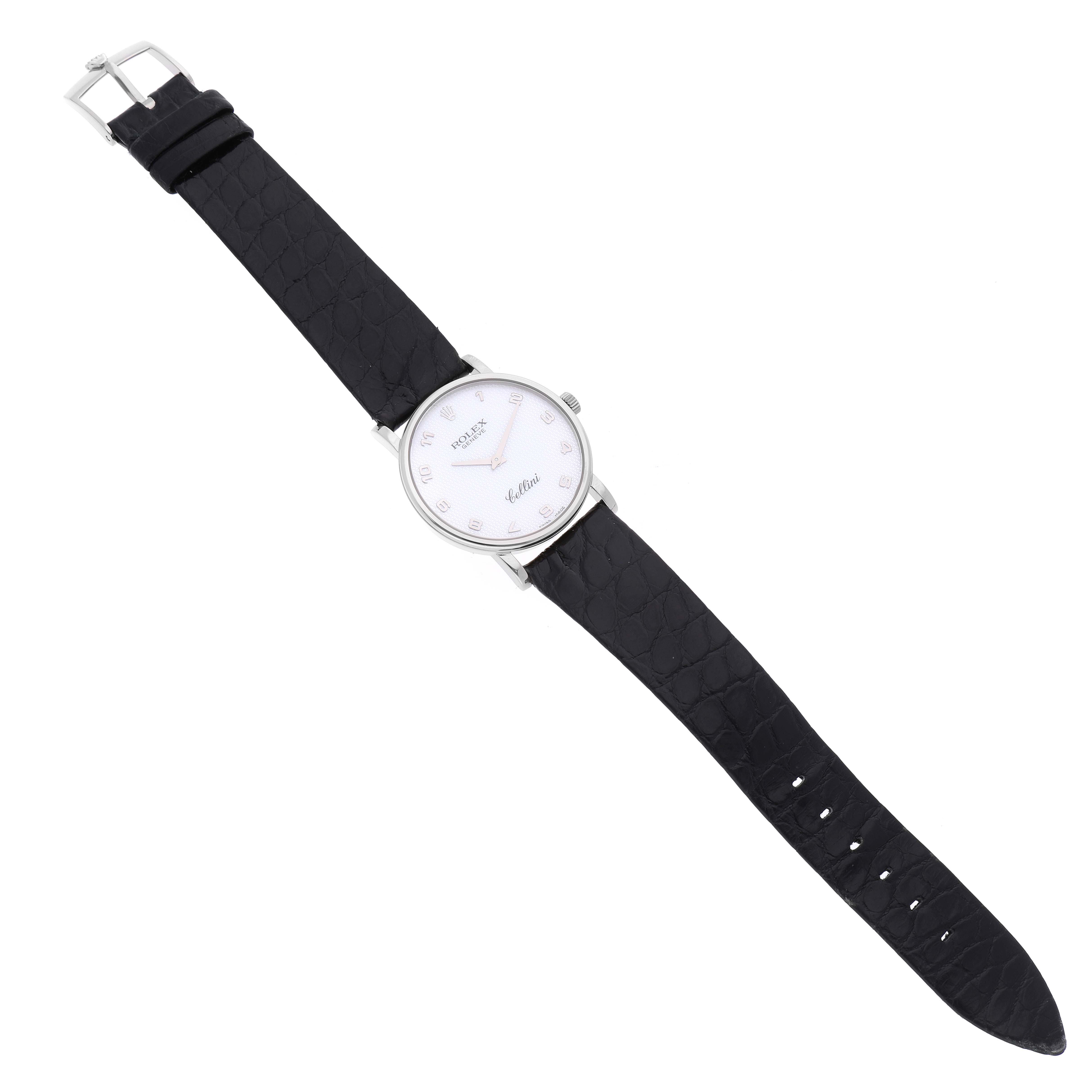 The image shows a full view of a Rolex Cellini 5115 Men's White Gold Mother of Pearl Dial 5115 Men's White Gold Mother of Pearl Dial watch, highlighting its round dial and black leather strap.