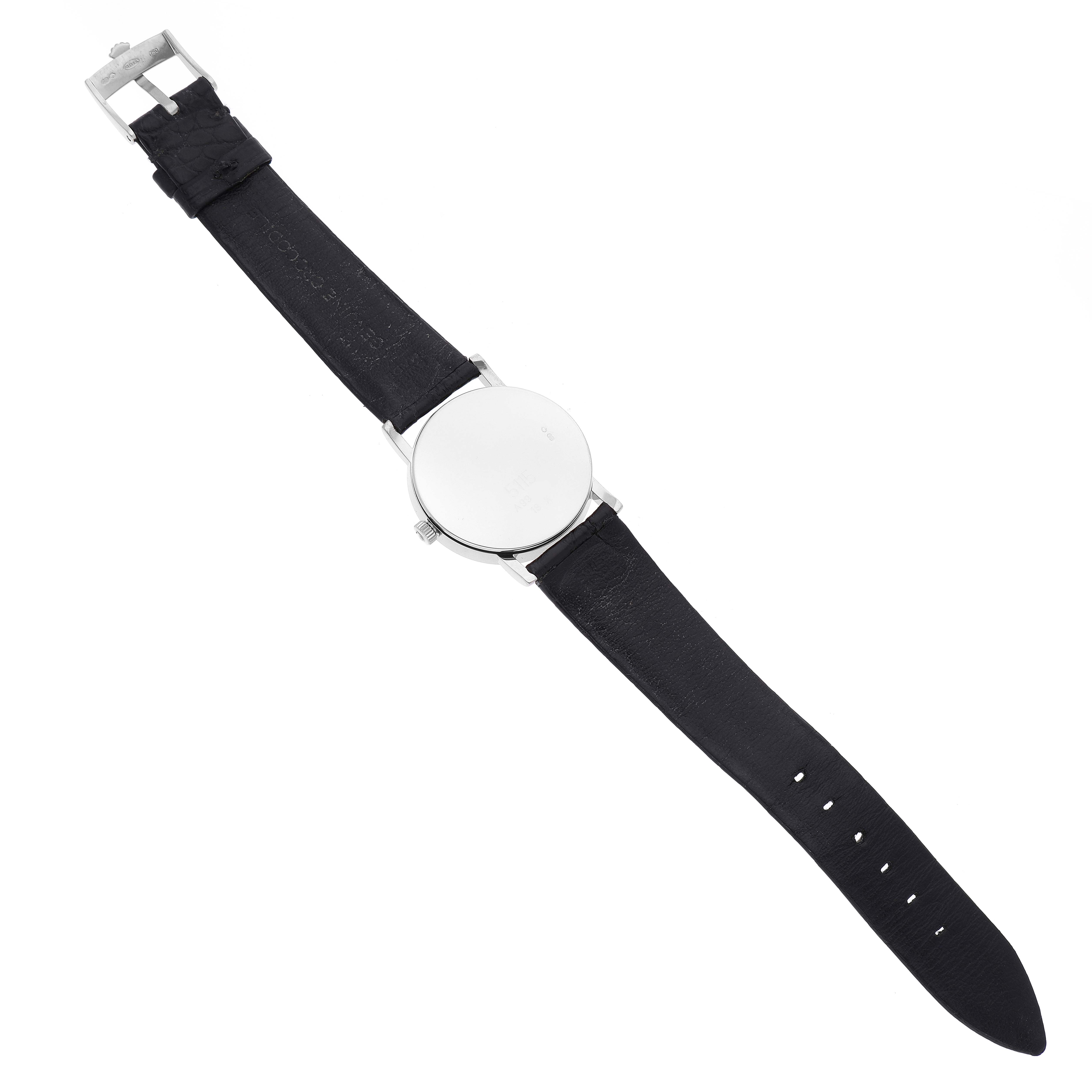 The Rolex Cellini 5115 Men's White Gold Mother of Pearl Dial 5115 Men's White Gold Mother of Pearl Dial watch is shown from the back, featuring a black leather strap and a plain silver case back.