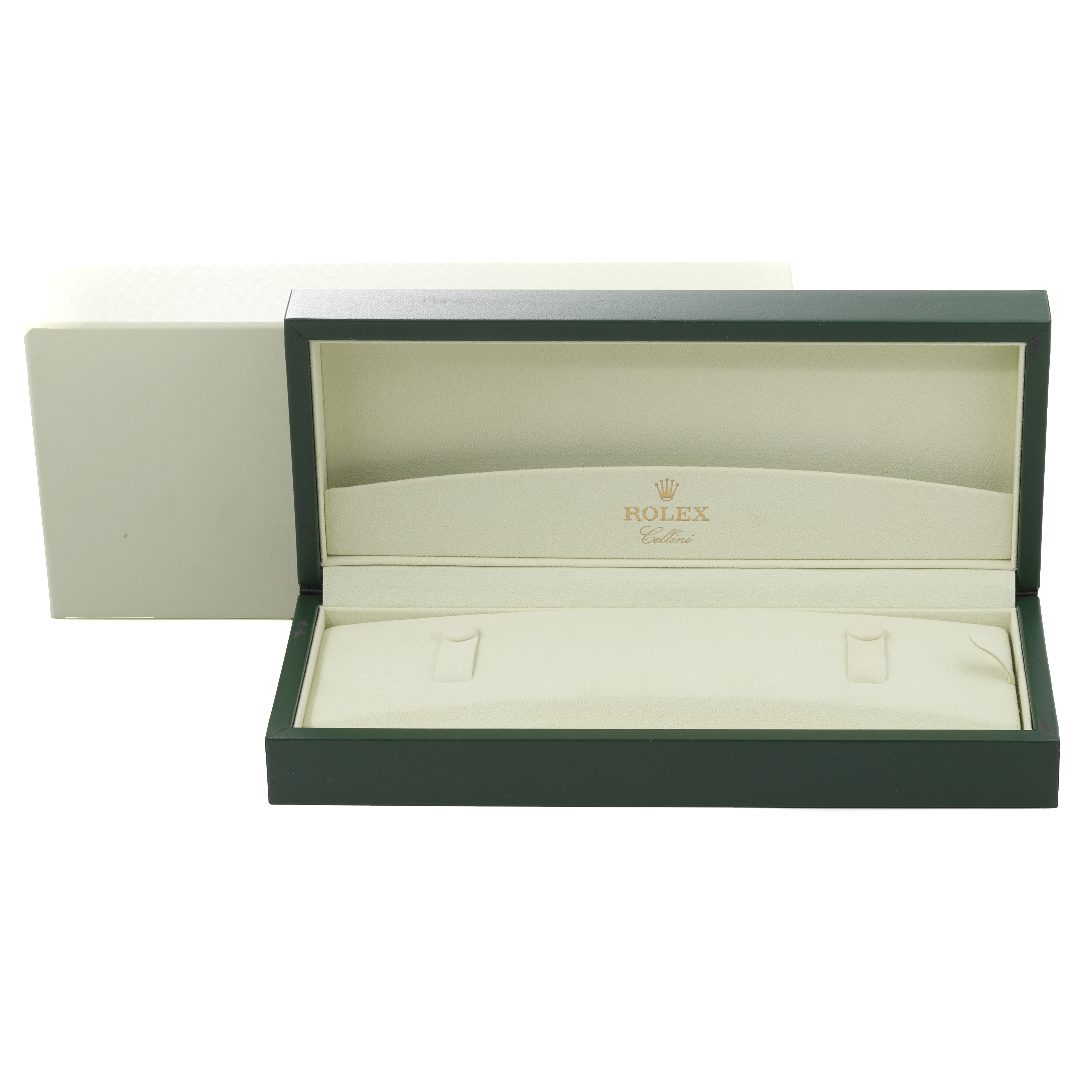 The image shows an open Rolex Cellini 5115 Men's White Gold Mother of Pearl Dial 5115 Men's White Gold Mother of Pearl Dial watch box displayed from a front angle, featuring the interior cushioning and "Rolex" logo.