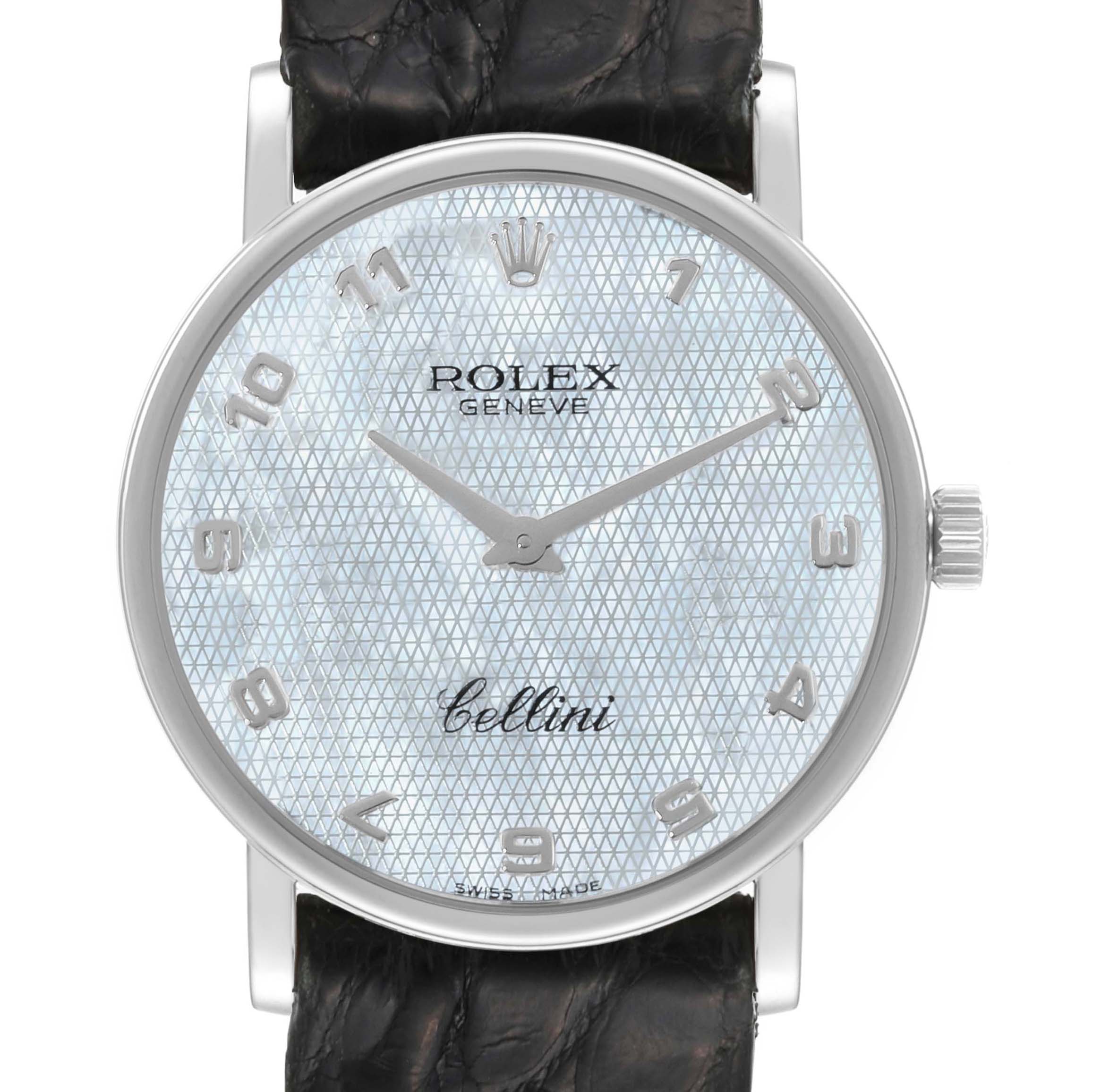 The Rolex Cellini 5115 Men's White Gold Mother of Pearl Dial 5115 Men's White Gold Mother of Pearl Dial watch is shown from a front angle, displaying its face, numerals, hands, and part of the strap and crown.