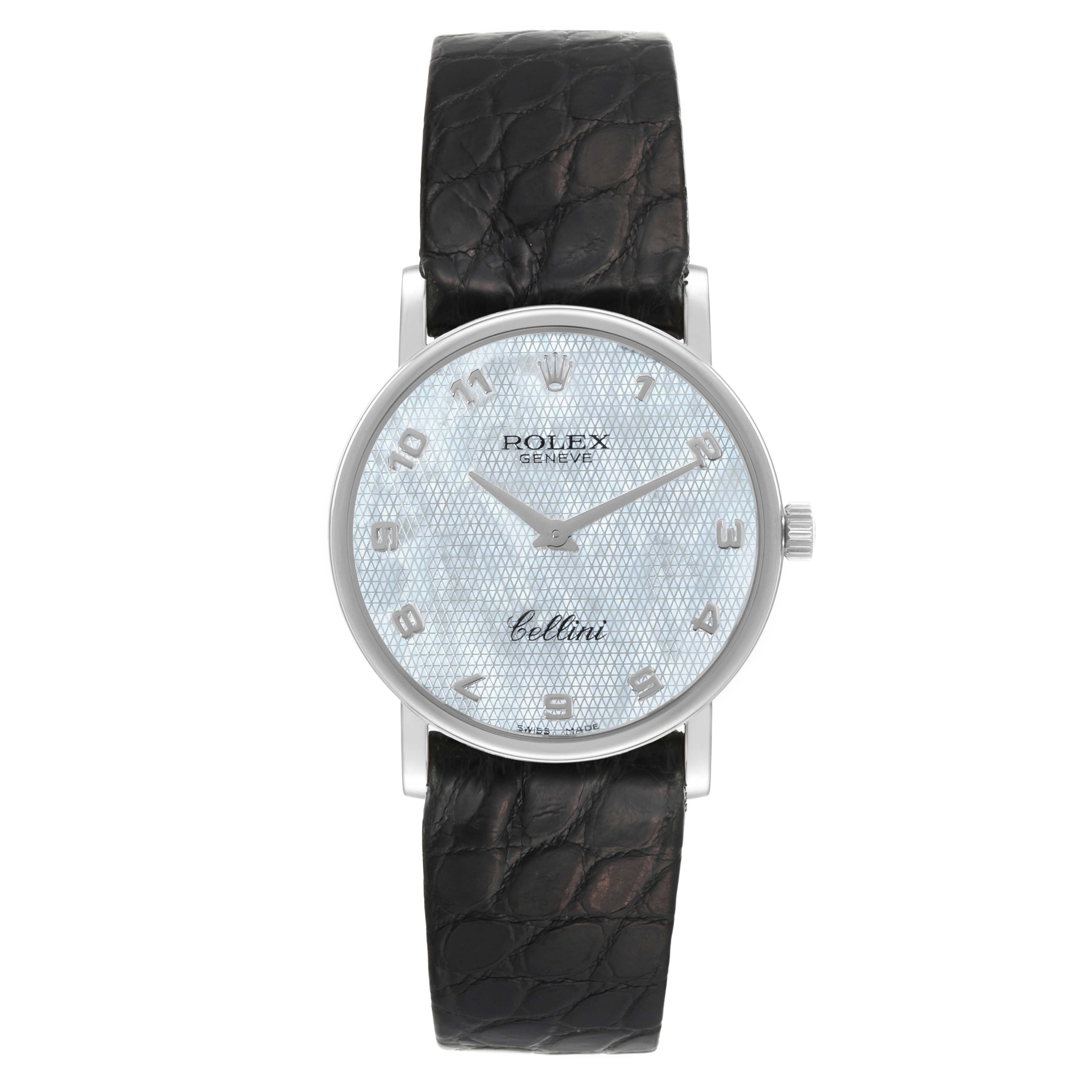 The image shows a front view of a Rolex Cellini 5115 Men's White Gold Mother of Pearl Dial 5115 Men's White Gold Mother of Pearl Dial watch, featuring its face, dial, and leather strap.