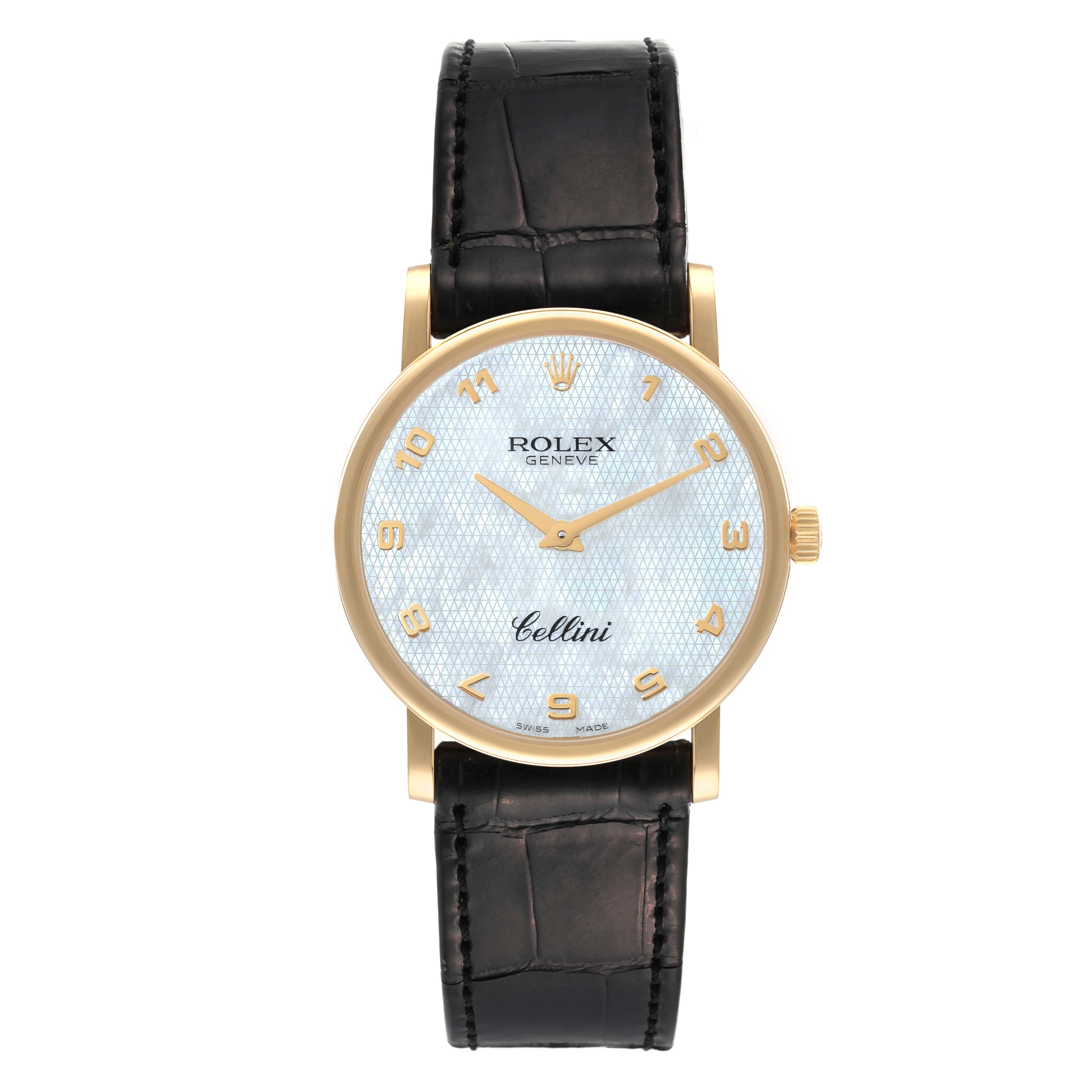 This image shows a front view of the Rolex Cellini 5115 Men
s Yellow Gold Mother of Pearl Dial 5115 Men
s Yellow Gold Mother of Pearl Dial watch, highlighting its face, hands, and leather strap.