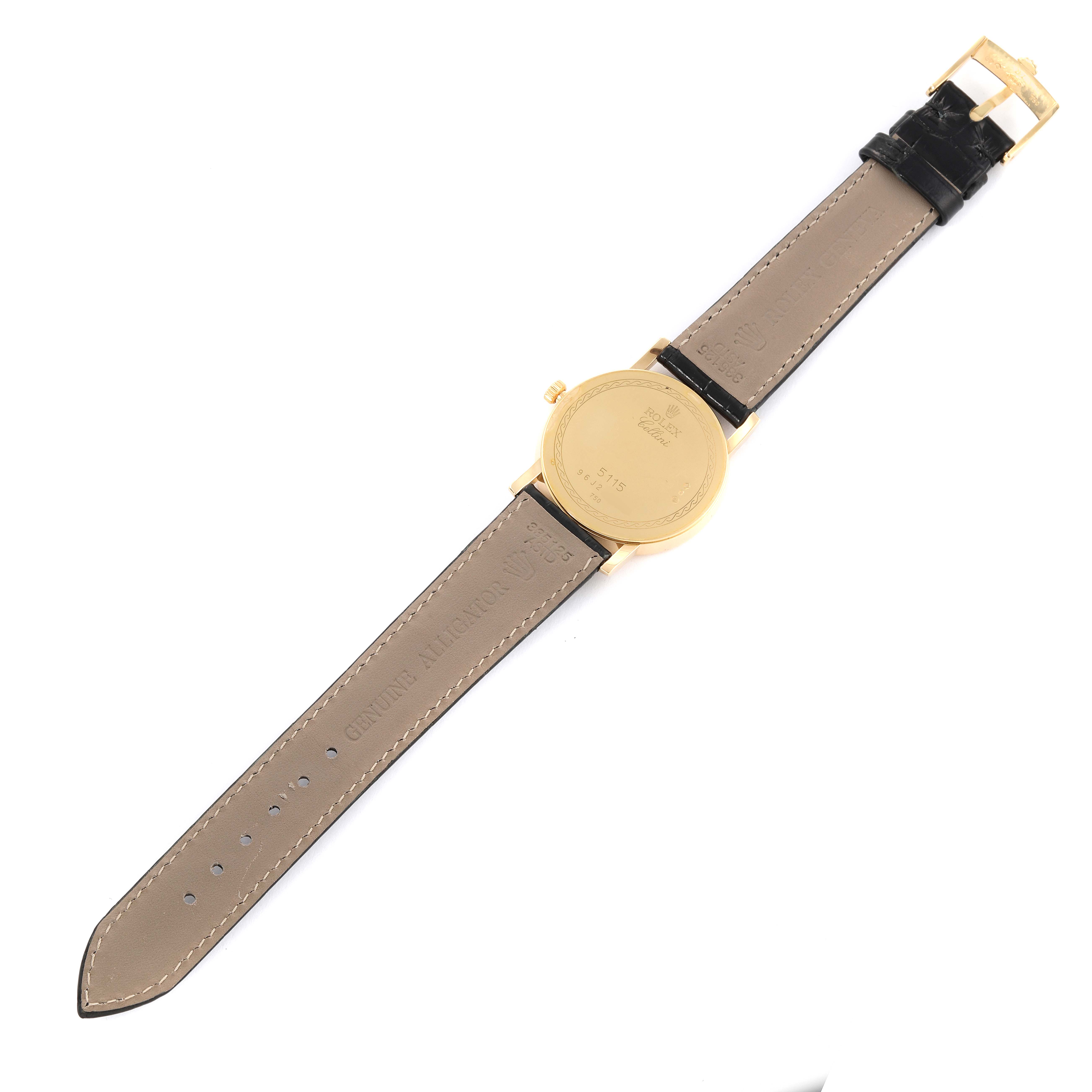 The image shows the back and full leather strap of a Rolex Cellini 5115 Men
s Yellow Gold Mother of Pearl Dial 5115 Men
s Yellow Gold Mother of Pearl Dial watch, laid flat.
