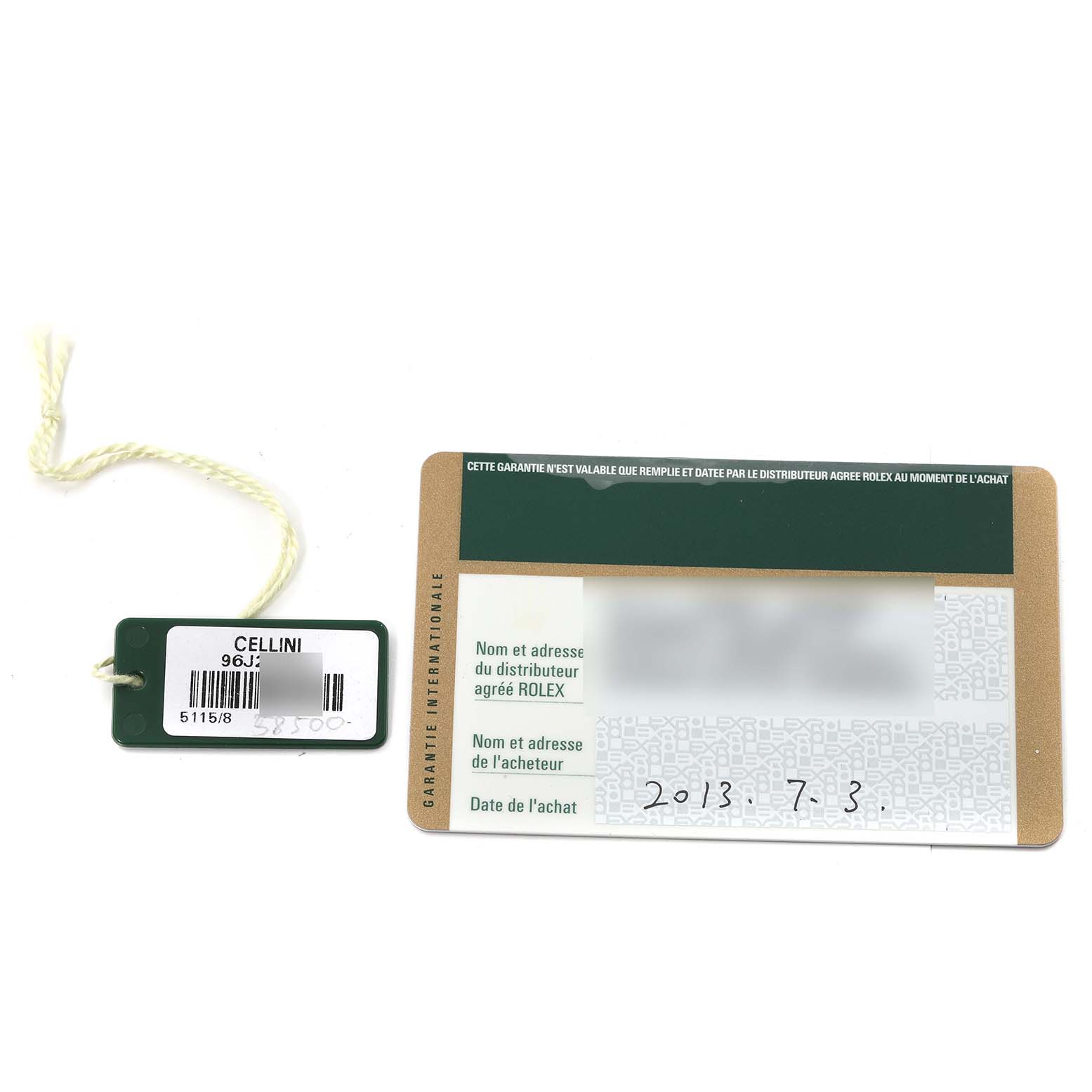 This image shows a tag and an international guarantee card for a Rolex Cellini 5115 Men
s Yellow Gold Mother of Pearl Dial 5115 Men
s Yellow Gold Mother of Pearl Dial watch.