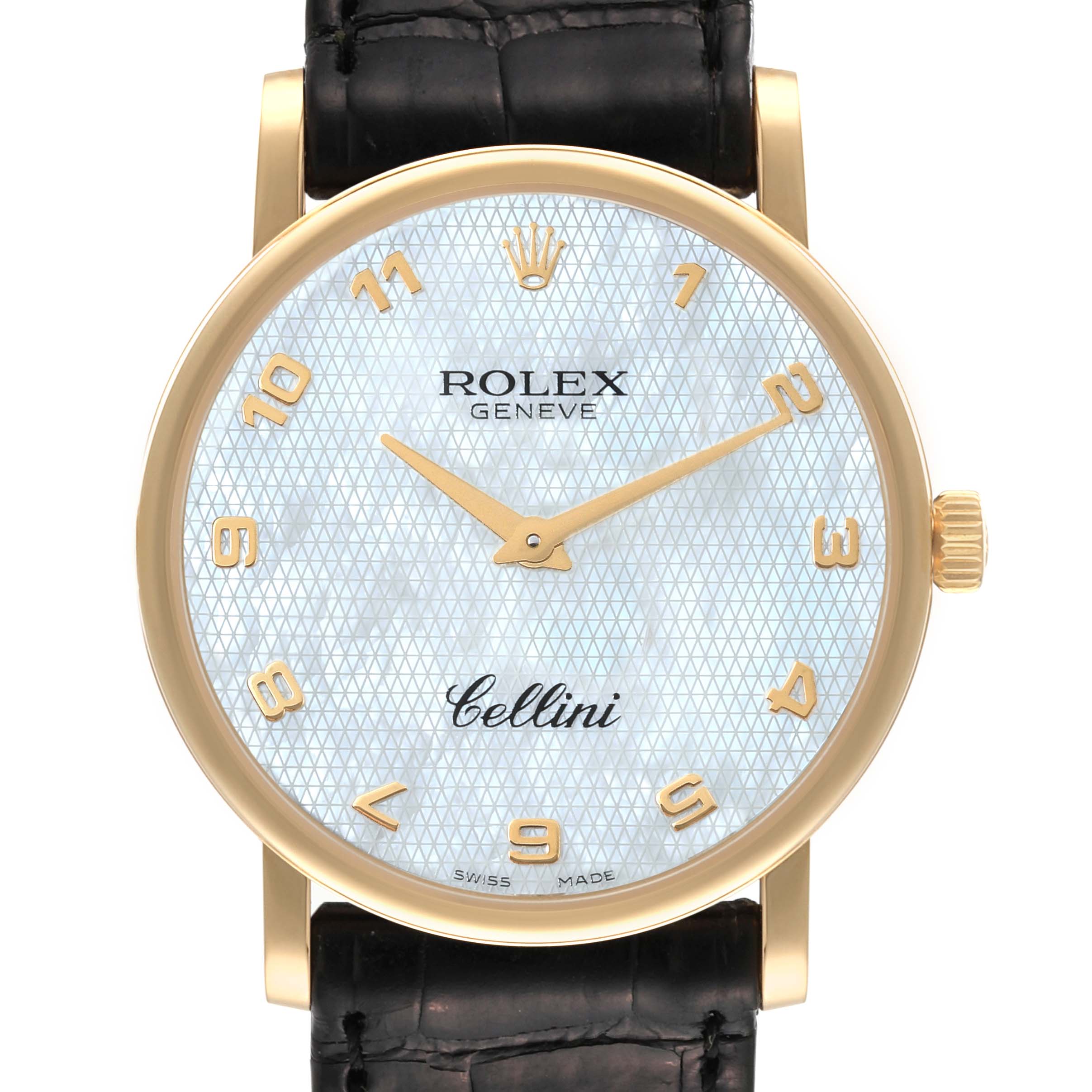 The Rolex Cellini 5115 Men
s Yellow Gold Mother of Pearl Dial 5115 Men
s Yellow Gold Mother of Pearl Dial watch is shown from a front angle, displaying the face, gold bezel, and part of the black leather strap.