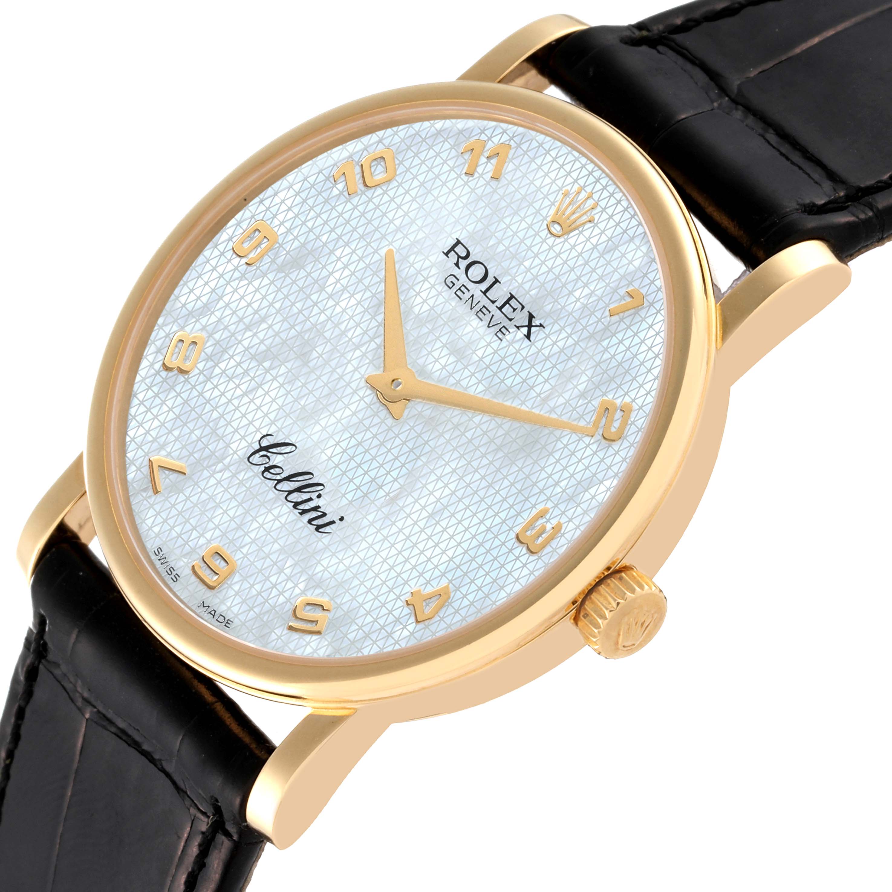 The image shows a Rolex Cellini 5115 Men
s Yellow Gold Mother of Pearl Dial 5115 Men
s Yellow Gold Mother of Pearl Dial watch from an angled top view, highlighting the face, hands, crown, and part of the leather strap.