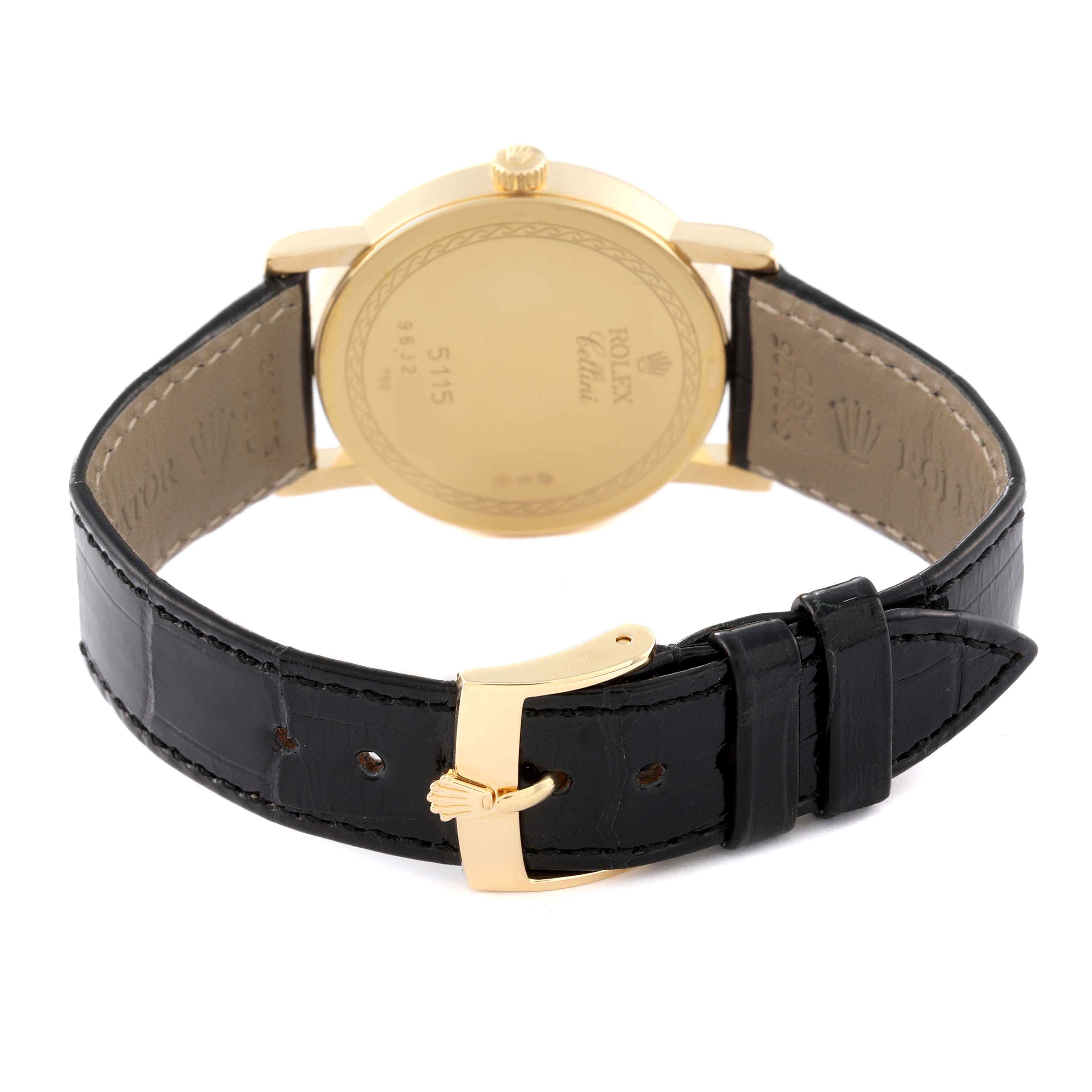 The image shows the back view of a Rolex Cellini 5115 Men
s Yellow Gold Mother of Pearl Dial 5115 Men
s Yellow Gold Mother of Pearl Dial watch, including its gold case and black leather strap with a gold buckle.