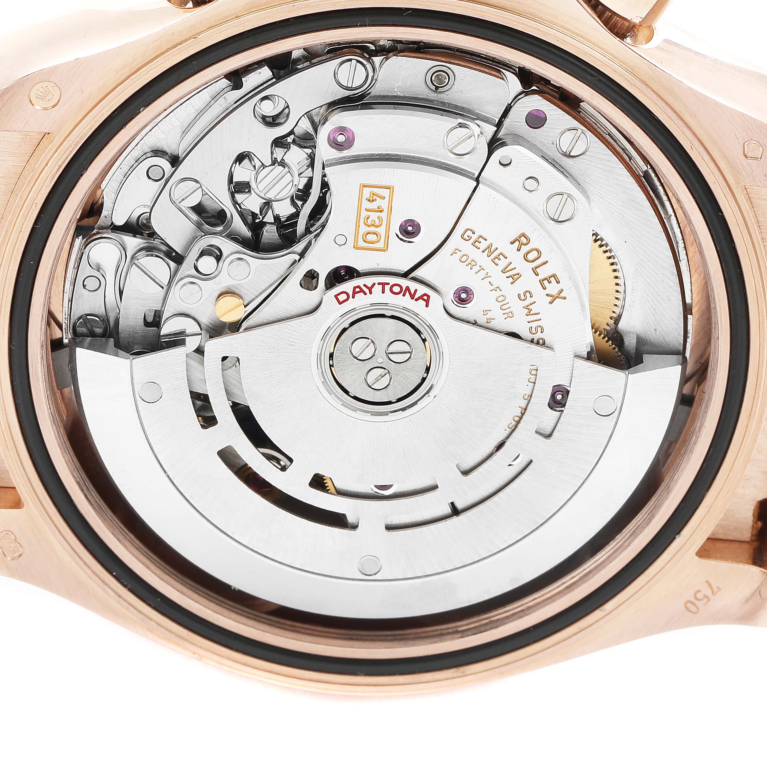 This image shows the movement mechanism of a Rolex Daytona 116515LN Men's Rose Gold Silver Dial 116515LN Men's Rose Gold Silver Dial watch, viewed from the back case.