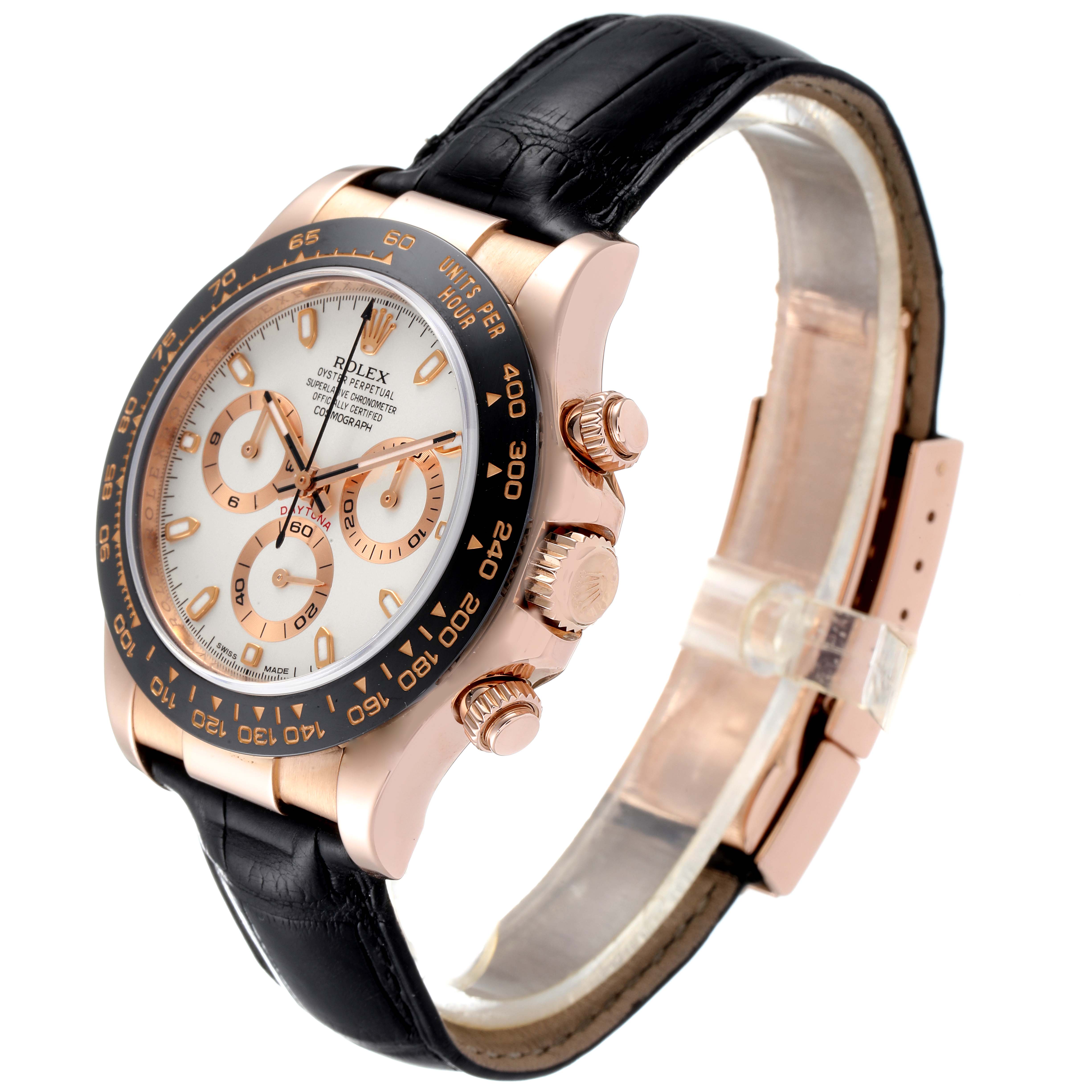 The image shows a Rolex Daytona 116515LN Men's Rose Gold Silver Dial 116515LN Men's Rose Gold Silver Dial watch at an angled view, highlighting the dial, bezel, push buttons, and leather strap.