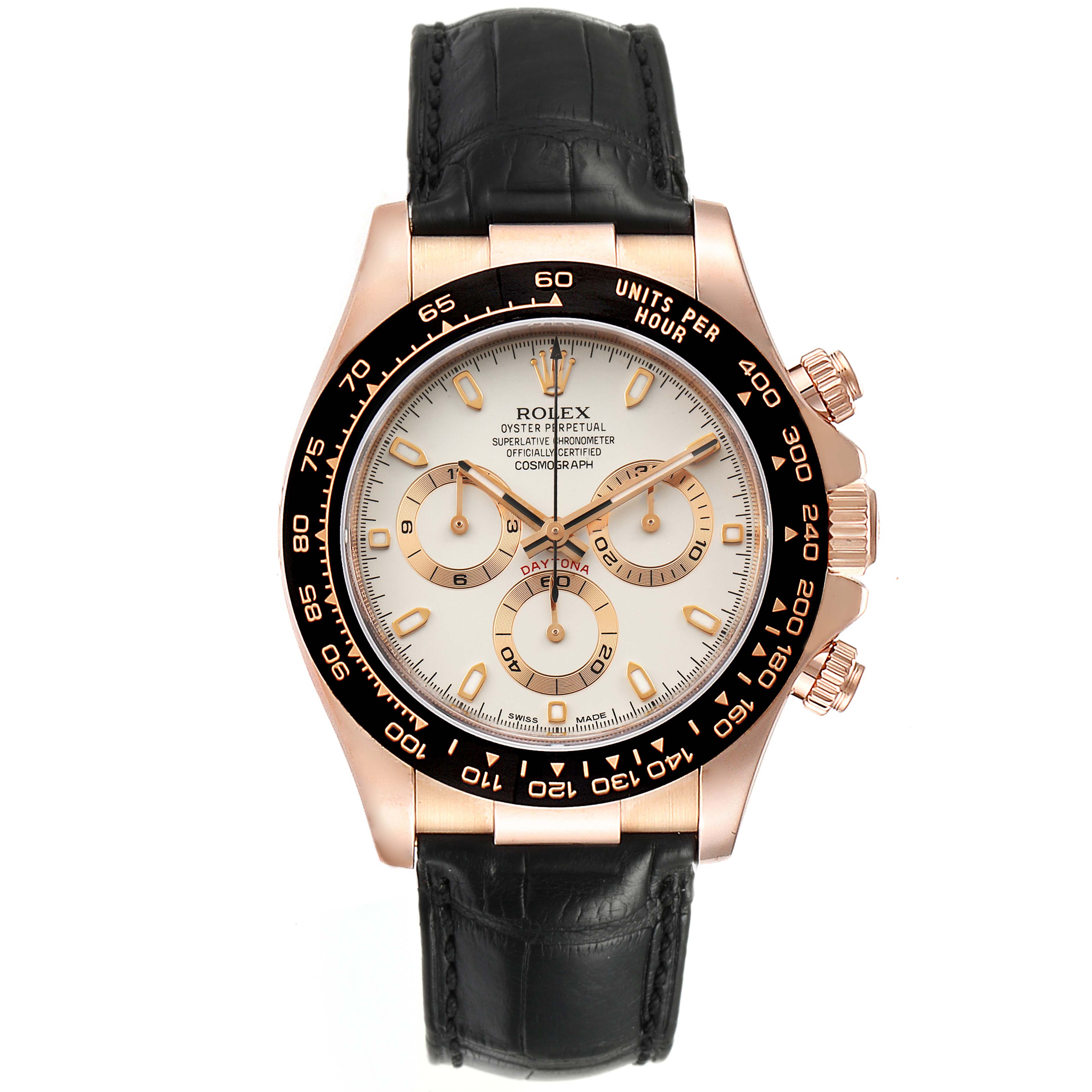 The image shows a front view of the Rolex Daytona 116515LN Men's Rose Gold Silver Dial 116515LN Men's Rose Gold Silver Dial watch, highlighting its dial, bezel, and black leather strap.