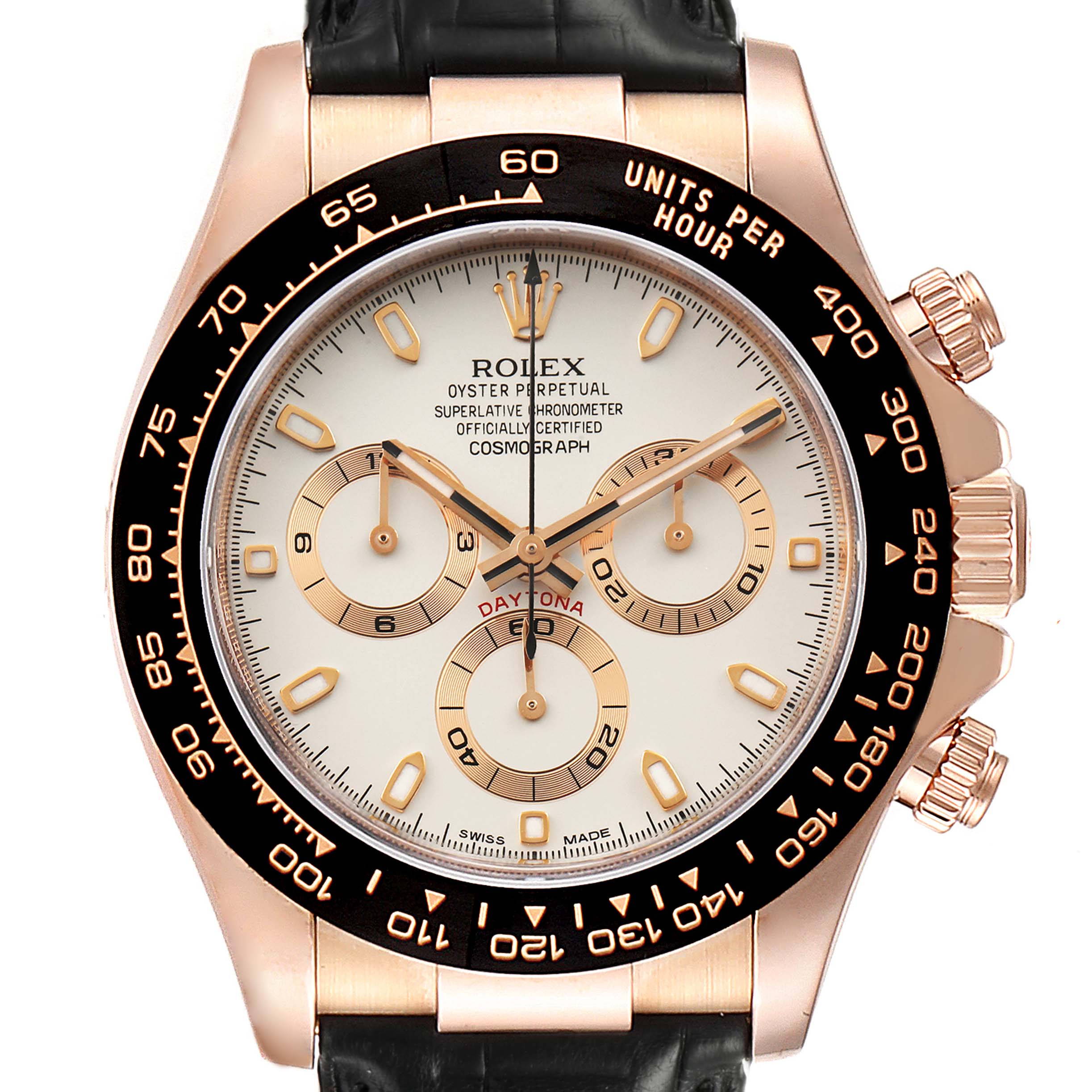 This image shows a front view of a Rolex Daytona 116515LN Men's Rose Gold Silver Dial 116515LN Men's Rose Gold Silver Dial watch, highlighting the bezel, dial, subdials, and crown.