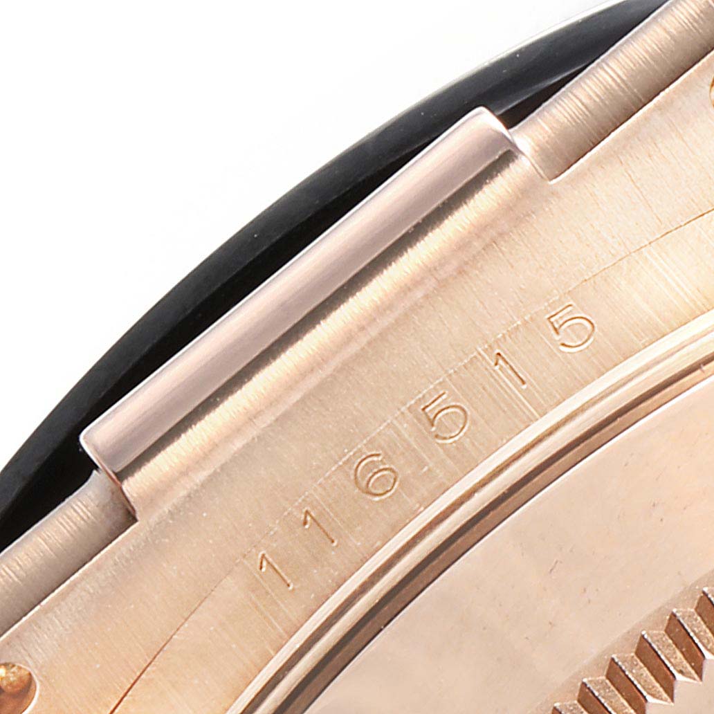 The image shows a close-up of the model number (116515) and part of the casing of the Rolex Daytona 116515LN Men's Rose Gold Silver Dial 116515LN Men's Rose Gold Silver Dial watch from the back.