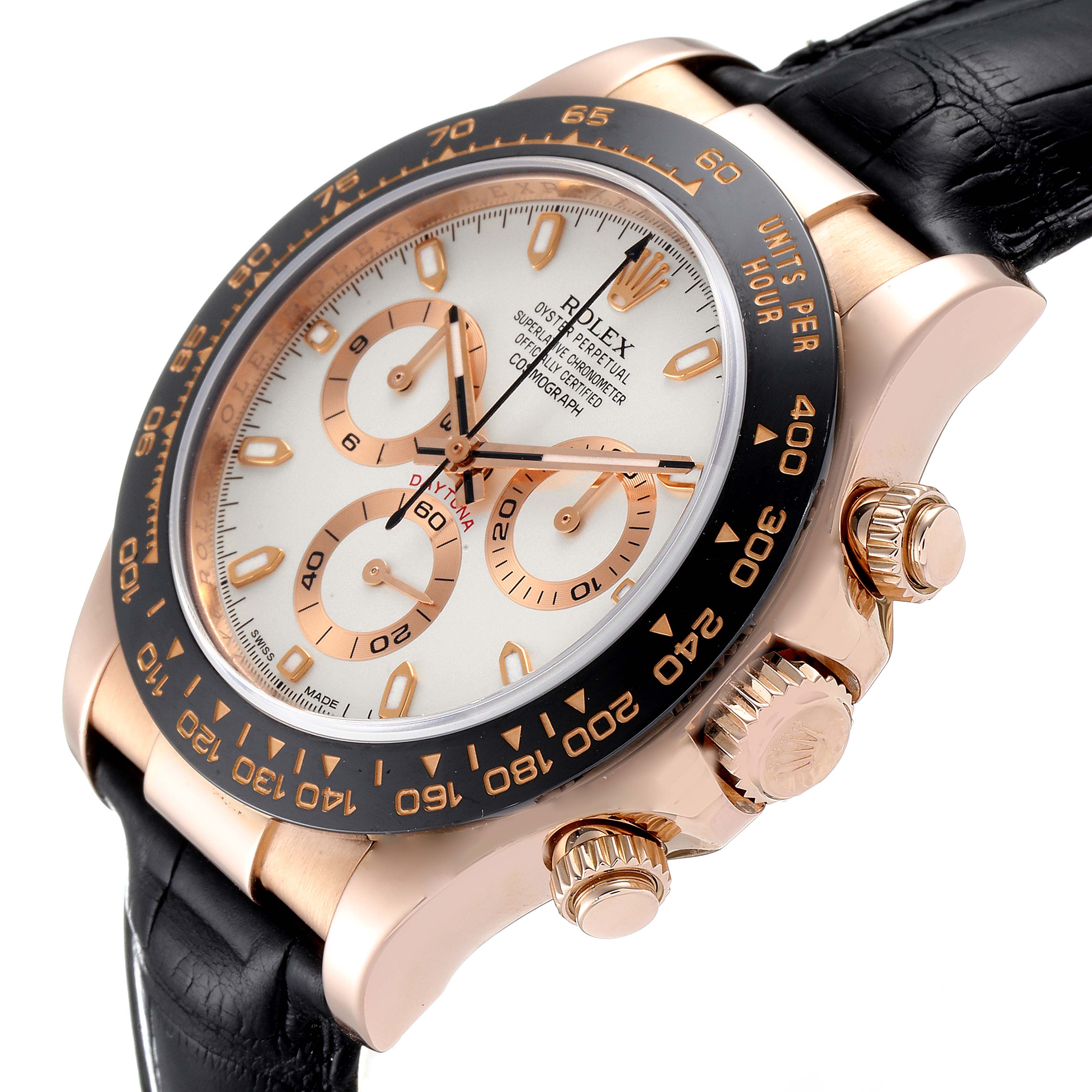 The image shows a close-up, angled view of the Rolex Daytona 116515LN Men's Rose Gold Silver Dial 116515LN Men's Rose Gold Silver Dial watch, highlighting the face, bezel, and crown.