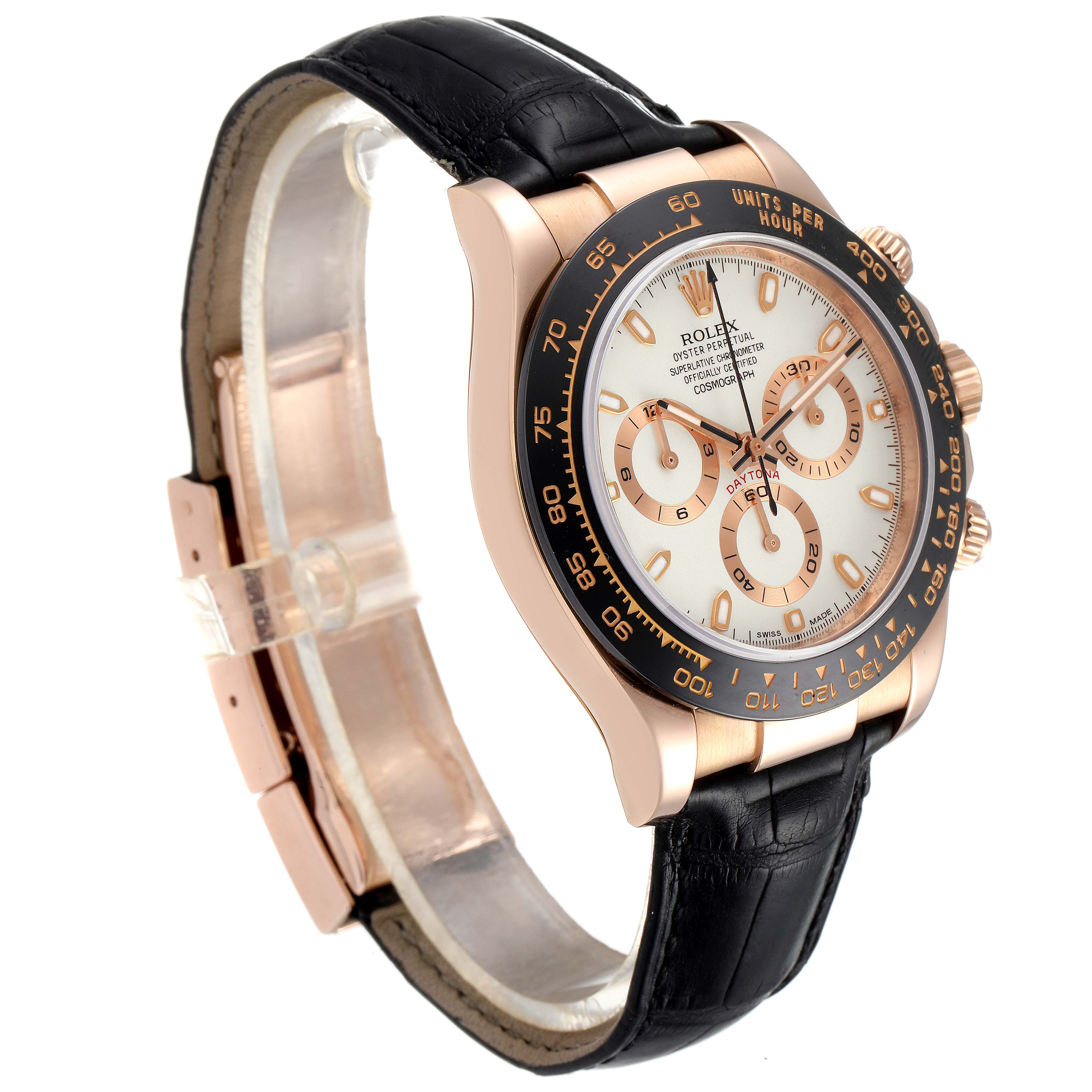 The Rolex Daytona 116515LN Men's Rose Gold Silver Dial 116515LN Men's Rose Gold Silver Dial watch is shown at an angle displaying the face, bezel, and part of the black leather strap.