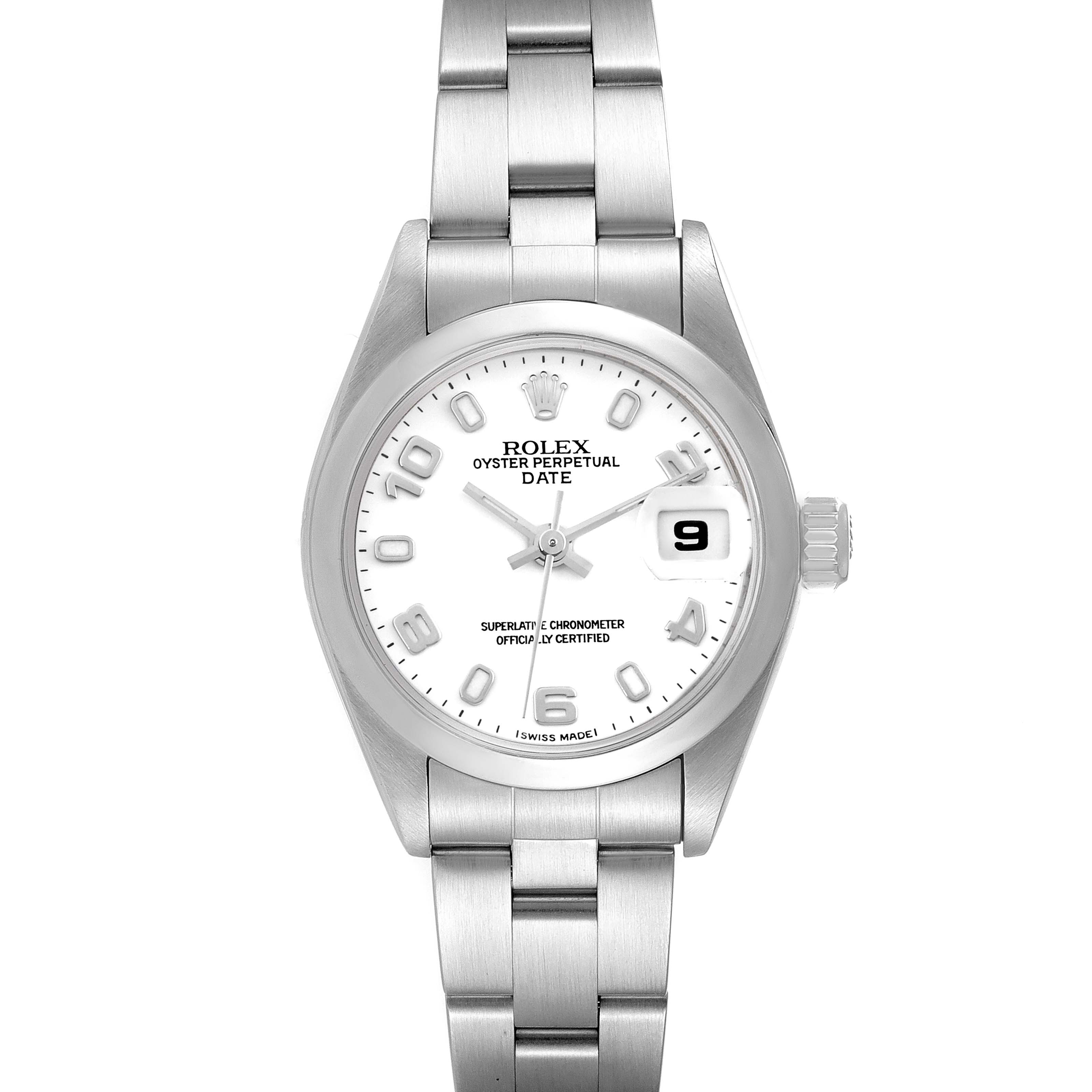 The image shows a front view of a Rolex Date 79160 Women
s Stainless Steel White Dial 79160 Women
s Stainless Steel White Dial model watch, including its dial, hands, date display, and bracelet.