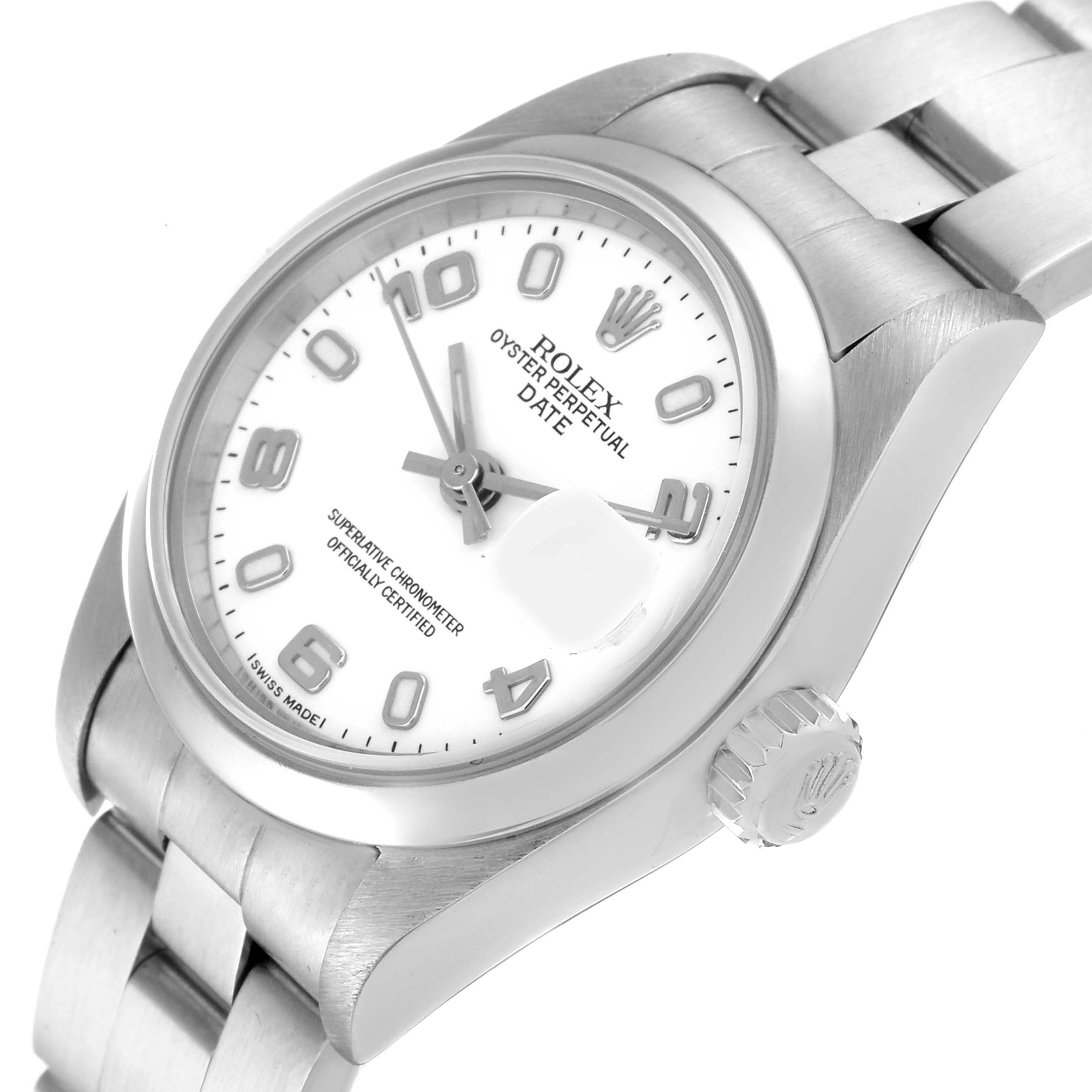 This is a side view of the Rolex Date 79160 Women
s Stainless Steel White Dial 79160 Women
s Stainless Steel White Dial model watch, showing the face, crown, and part of the bracelet.