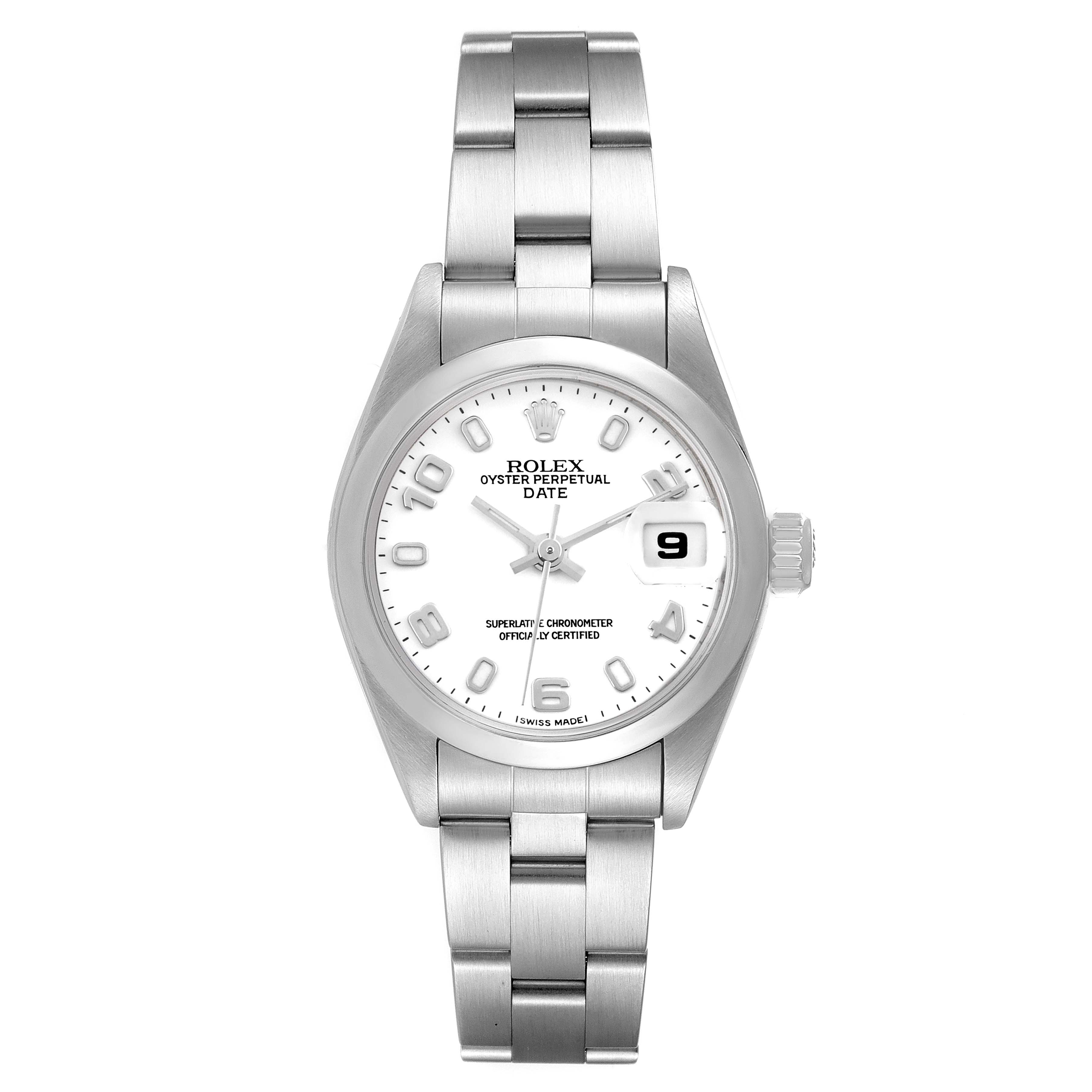 The image shows a front view of a Rolex Date 79160 Women
s Stainless Steel White Dial 79160 Women
s Stainless Steel White Dial model watch, displaying the face, bracelet, and crown.