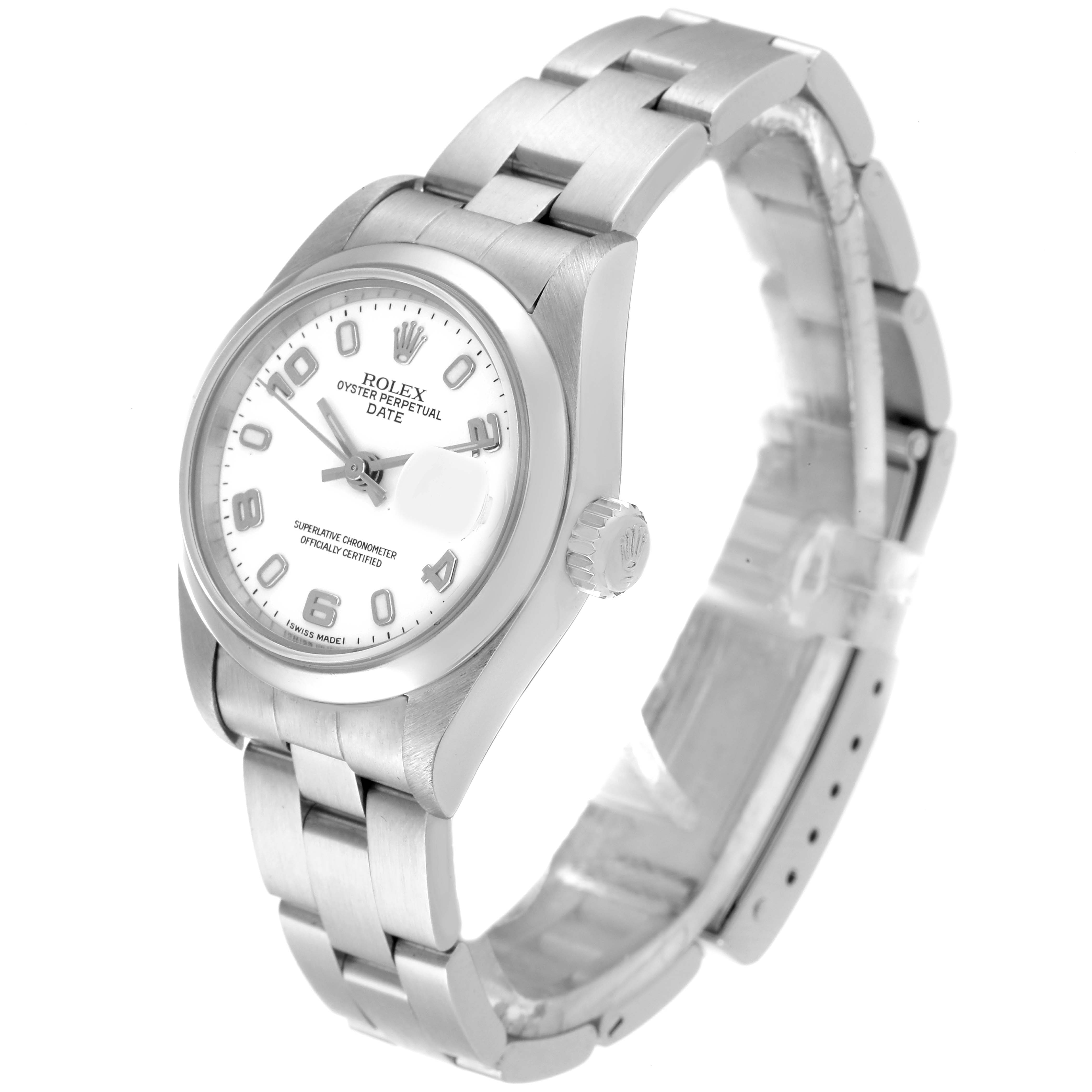 This image shows a Rolex Date 79160 Women
s Stainless Steel White Dial 79160 Women
s Stainless Steel White Dial model watch at a three-quarter angle, highlighting its face, bezel, and bracelet.