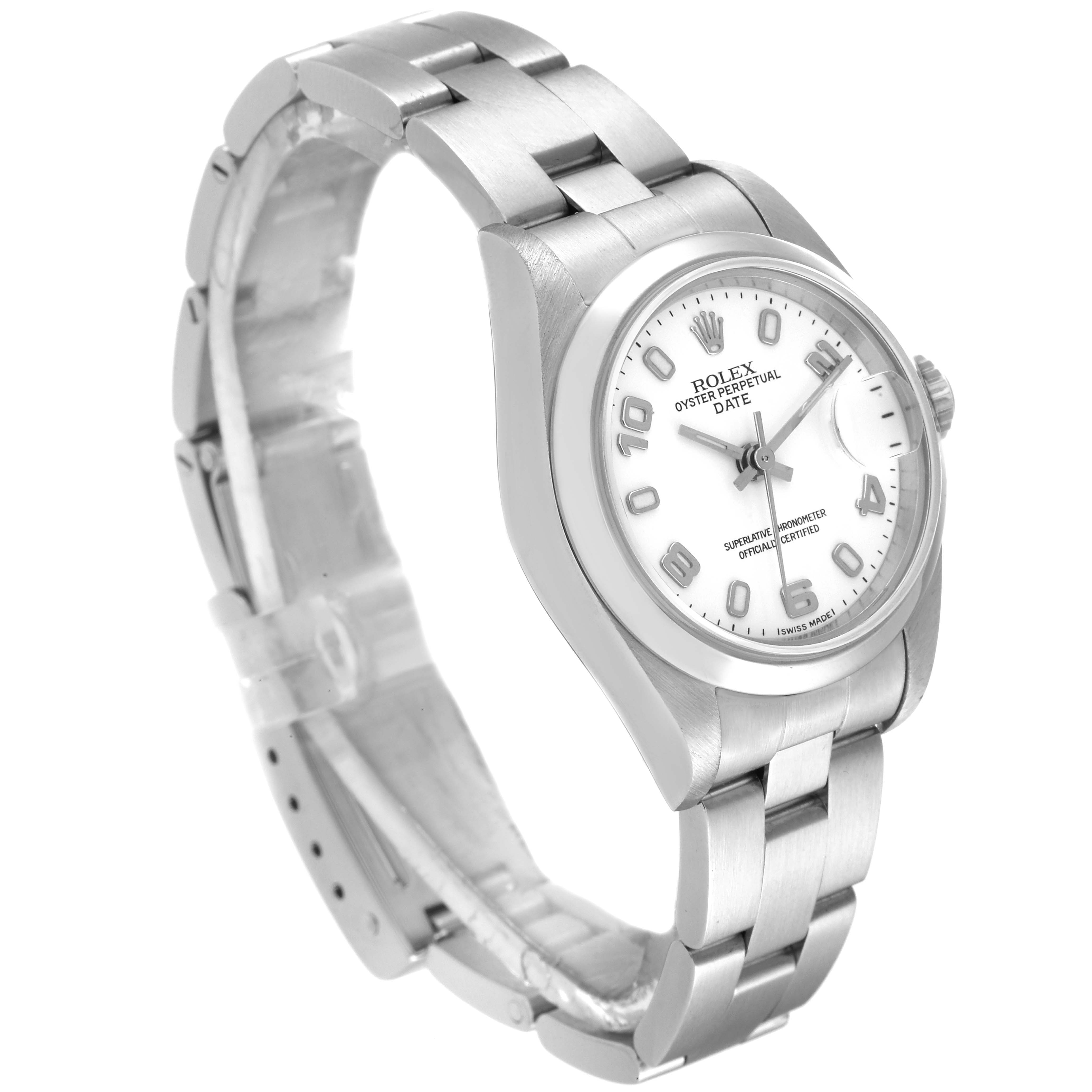 The image shows a Rolex Date 79160 Women
s Stainless Steel White Dial 79160 Women
s Stainless Steel White Dial model watch from a three-quarter angle, highlighting its face, bracelet, and clasp.