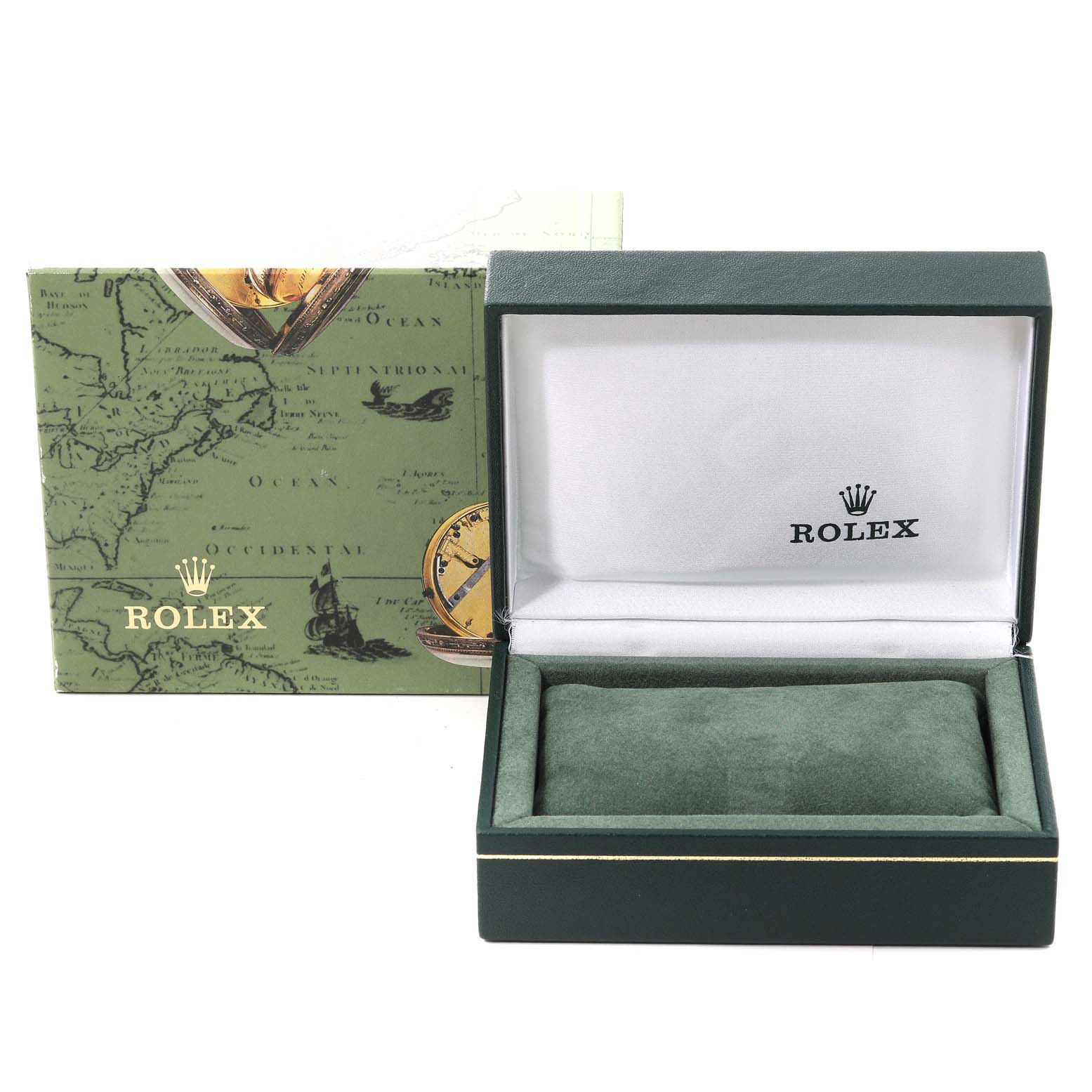 The image shows an open box and outer packaging for a Rolex Date 79160 Women
s Stainless Steel White Dial 79160 Women
s Stainless Steel White Dial model watch, displaying the brand
s logo inside the box.