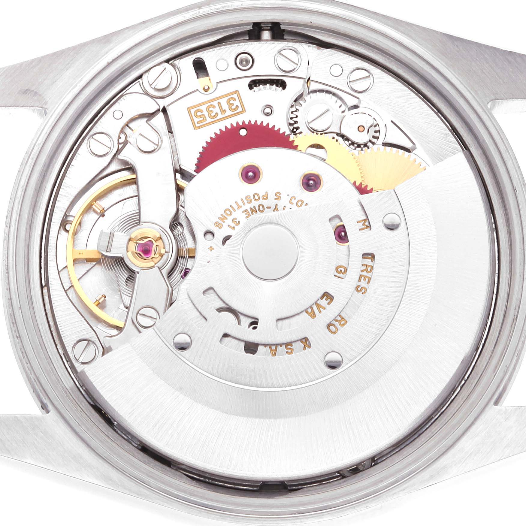 This image shows a detailed view of the movement and internal mechanism of a Rolex Date 15200 Men's Stainless Steel White Dial 15200 Men's Stainless Steel White Dial model watch.