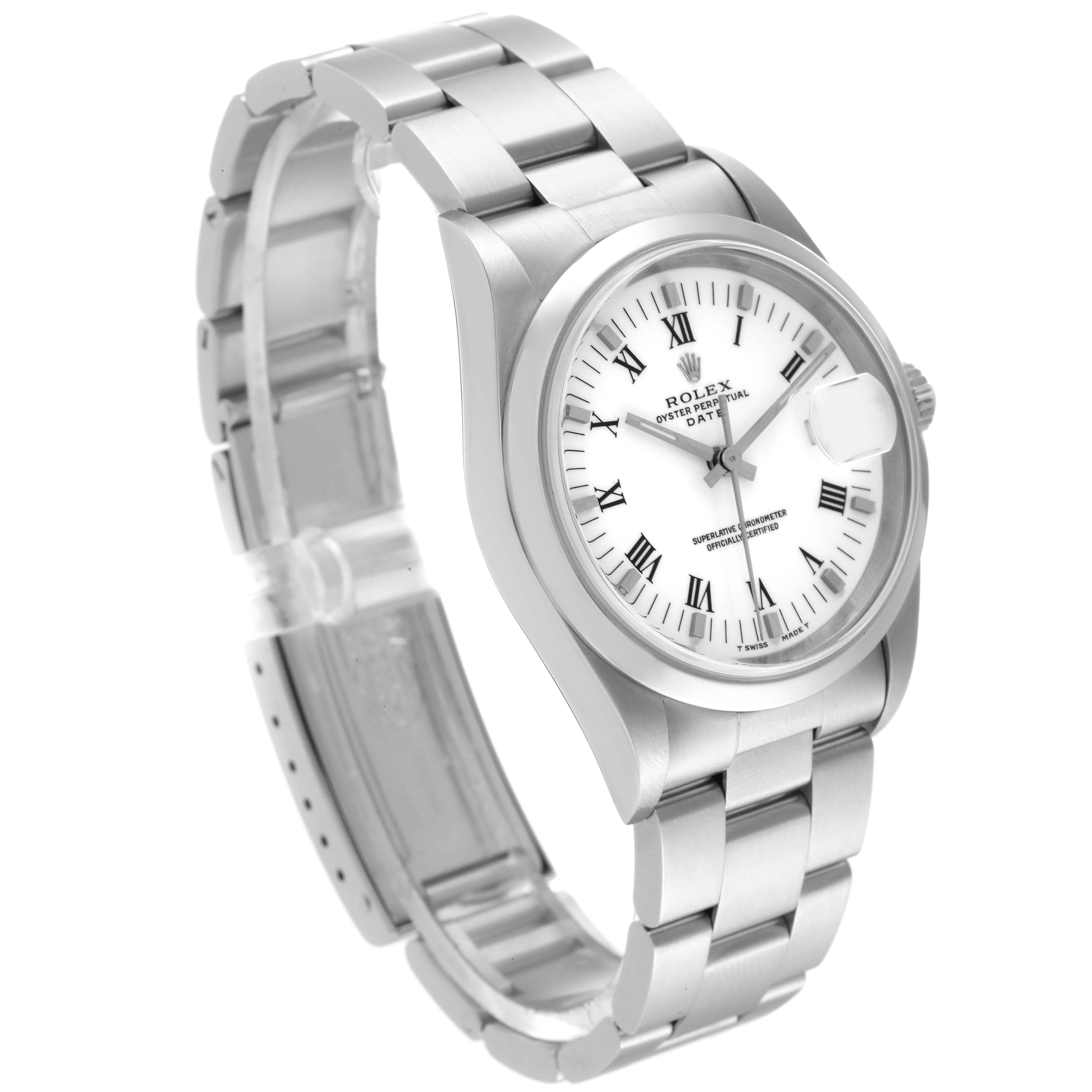 This image shows a Rolex Date 15200 Men's Stainless Steel White Dial 15200 Men's Stainless Steel White Dial model watch from an oblique angle, highlighting its bracelet, case, and face with Roman numerals.