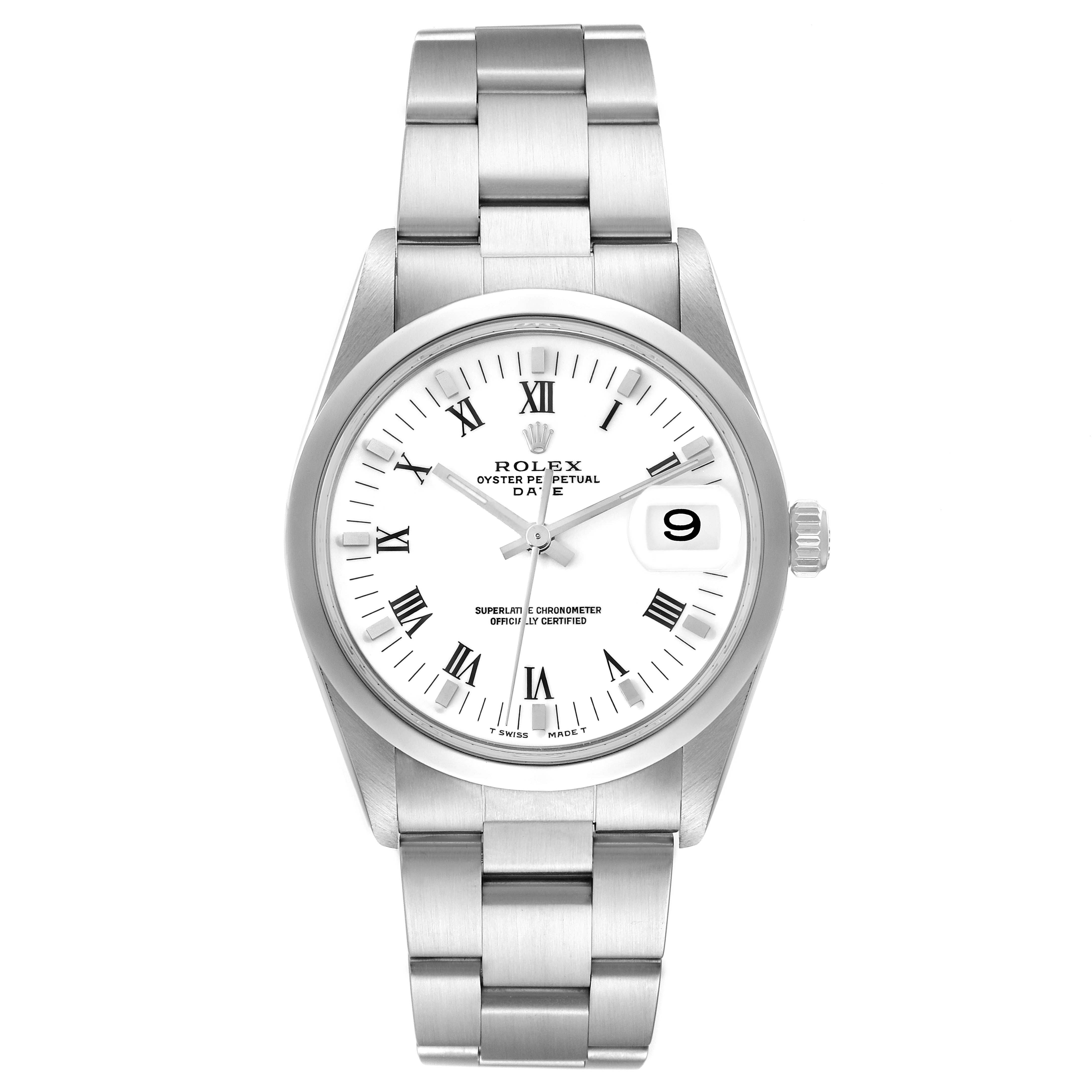 The image shows a front view of a Rolex Date 15200 Men's Stainless Steel White Dial 15200 Men's Stainless Steel White Dial model watch, highlighting its dial, Roman numeral markers, bracelet, and date window.
