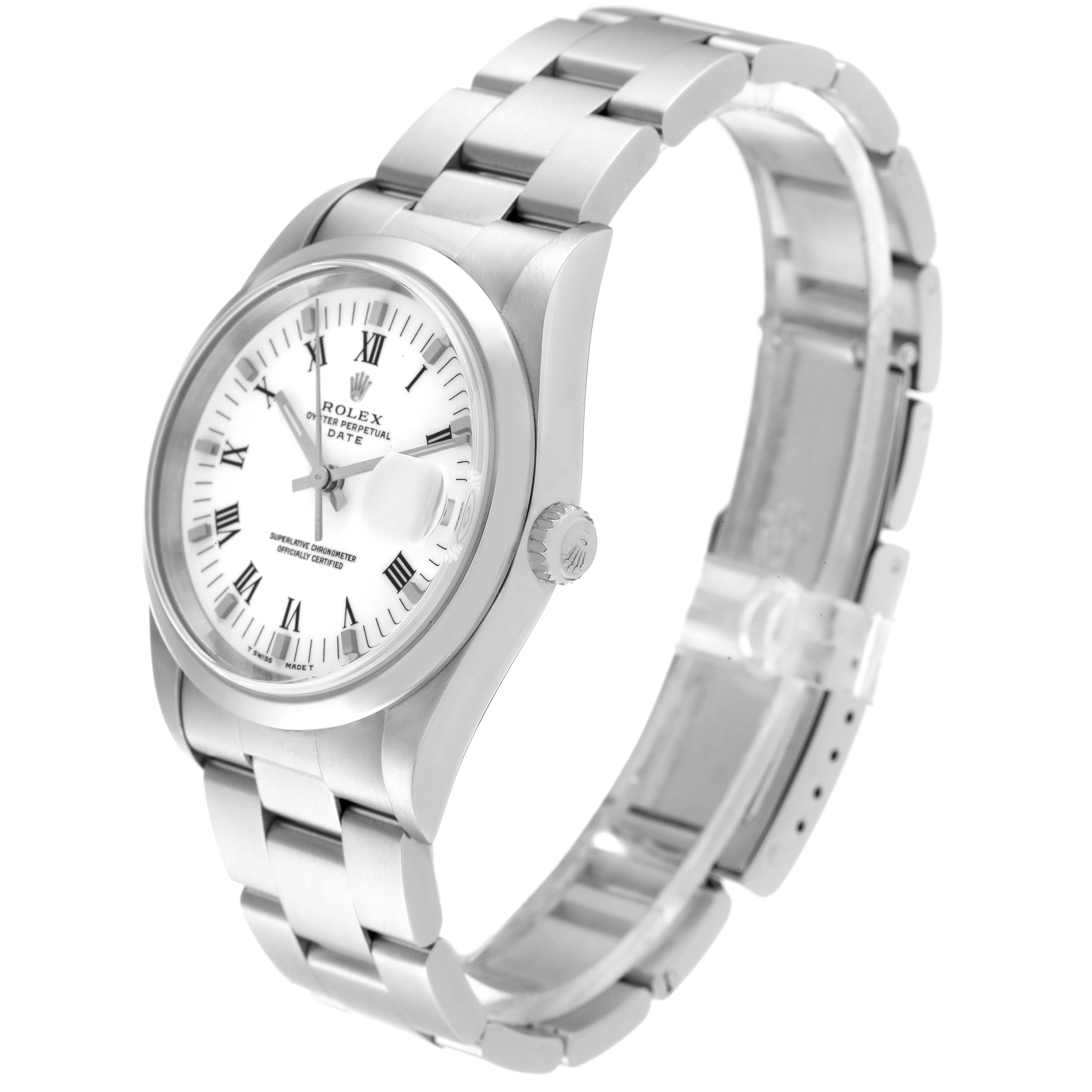 This image shows a Rolex Date 15200 Men's Stainless Steel White Dial 15200 Men's Stainless Steel White Dial model watch from a three-quarter angle highlighting its white dial, bracelet, and clasp.