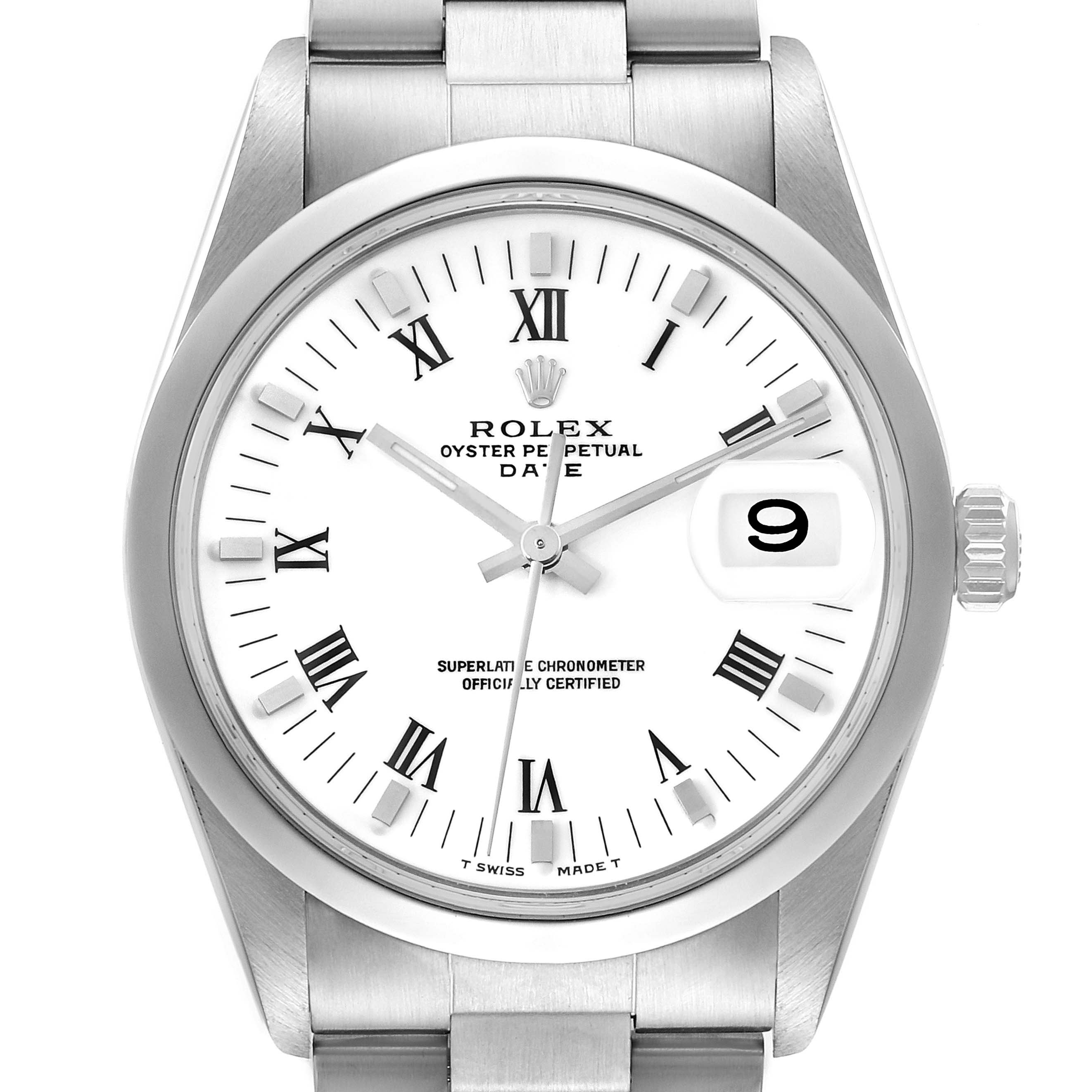 The image shows the face of a Rolex Oyster Perpetual Date model watch, including the bezel, dial, hands, and a segment of the bracelet.