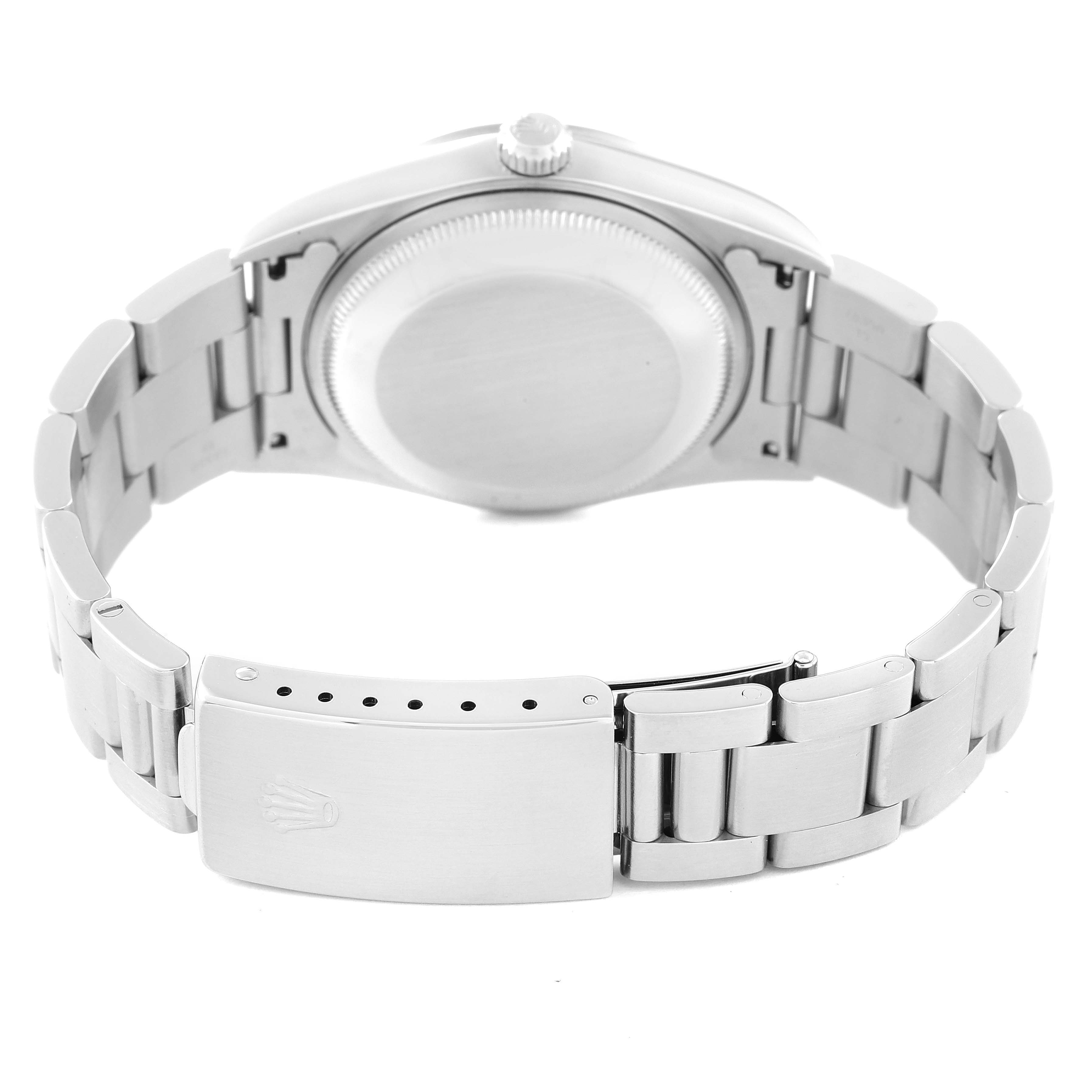 This image shows the back view of the case, bracelet, and clasp of a Rolex Date 15200 Men's Stainless Steel White Dial 15200 Men's Stainless Steel White Dial model watch.