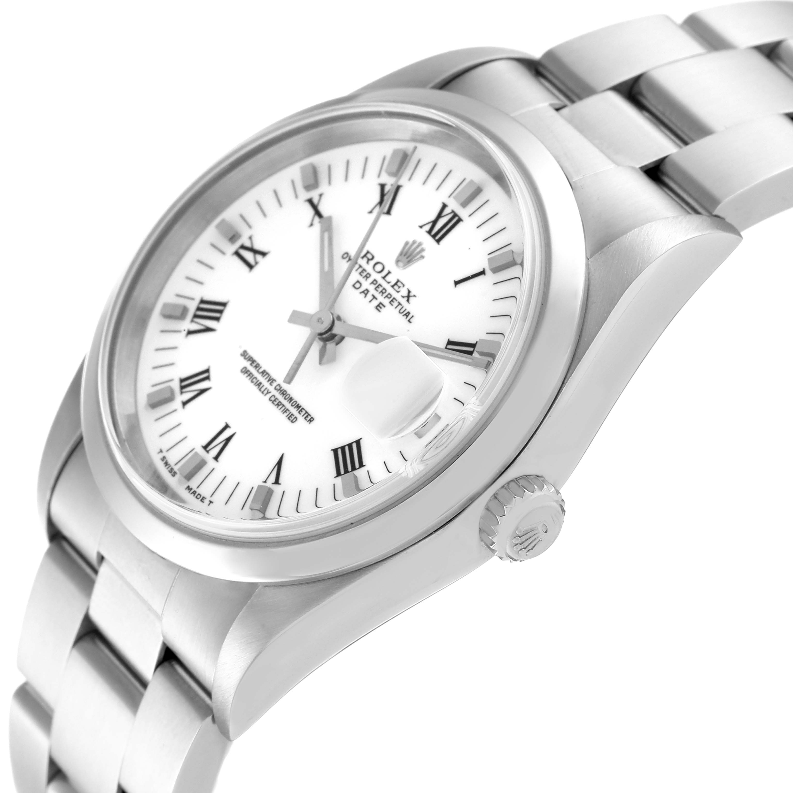 The image shows a side angle of the Rolex Date 15200 Men's Stainless Steel White Dial 15200 Men's Stainless Steel White Dial, highlighting the watch face, crown, and bracelet.