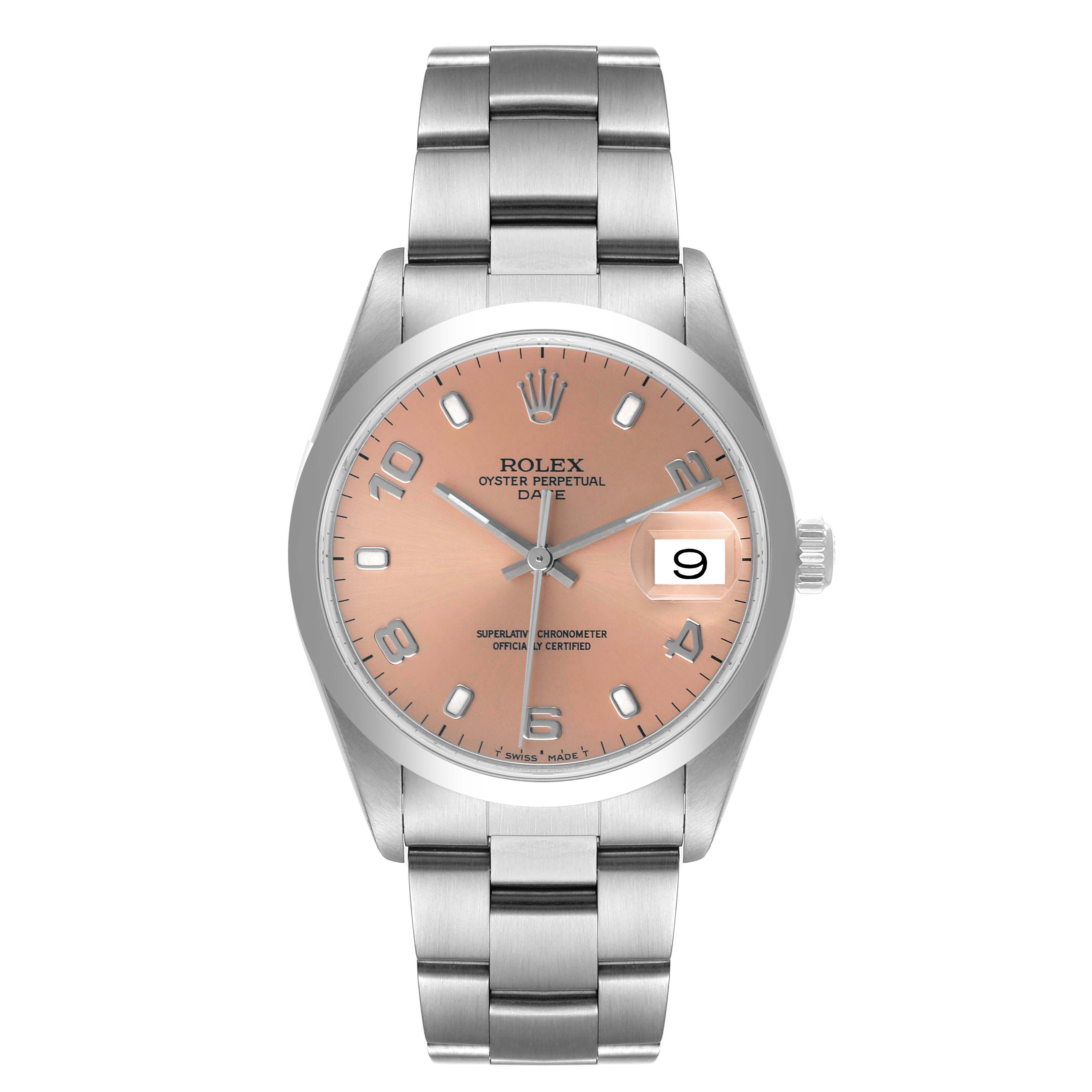 The Rolex Date 15200 Men's Stainless Steel Pink Dial 15200 Men's Stainless Steel Pink Dial model is shown from a top-down angle, displaying its face, bezel, hands, markers, and bracelet.