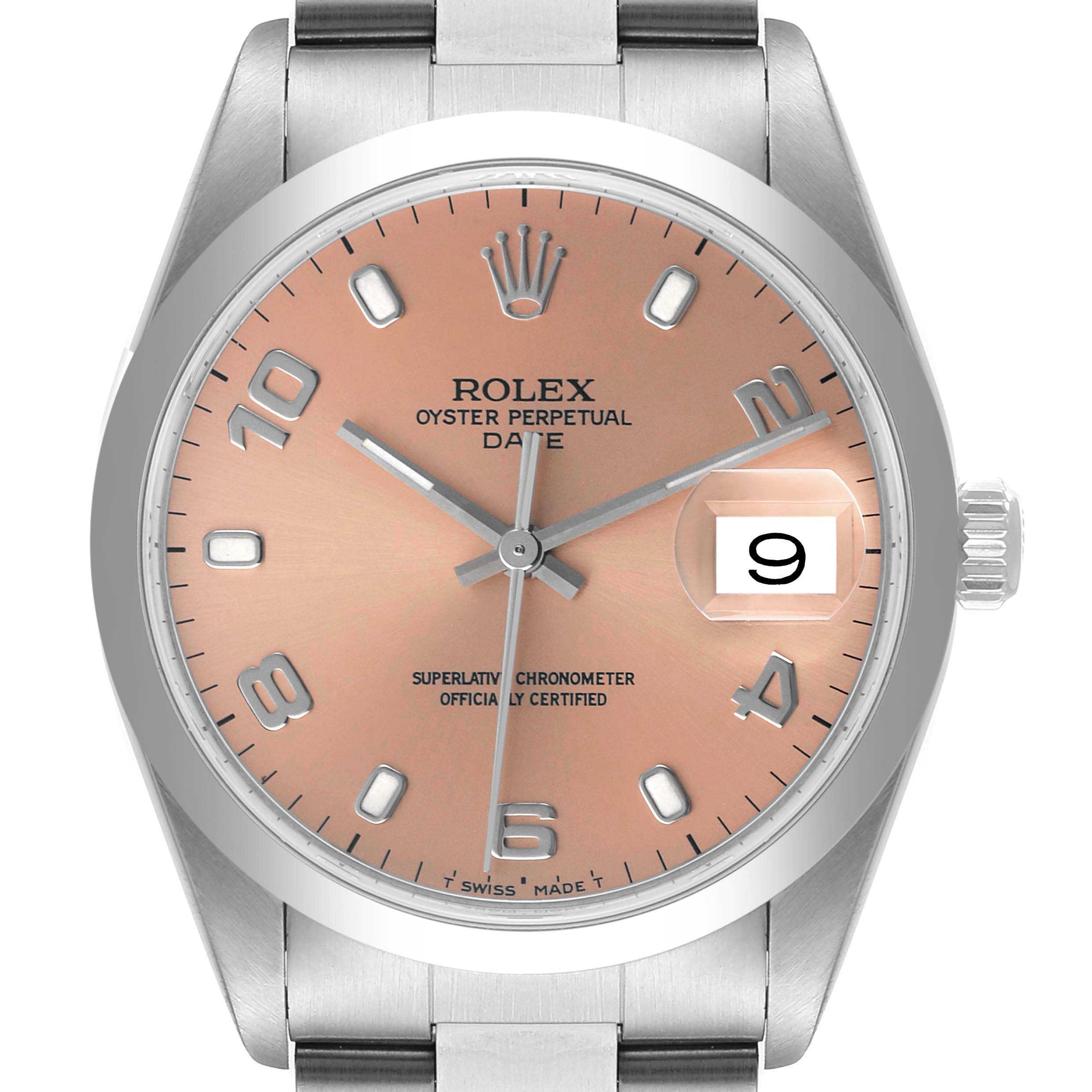 This image shows a front view of the Rolex Oyster Perpetual Date watch, displaying the face, hands, date window, and bracelet.