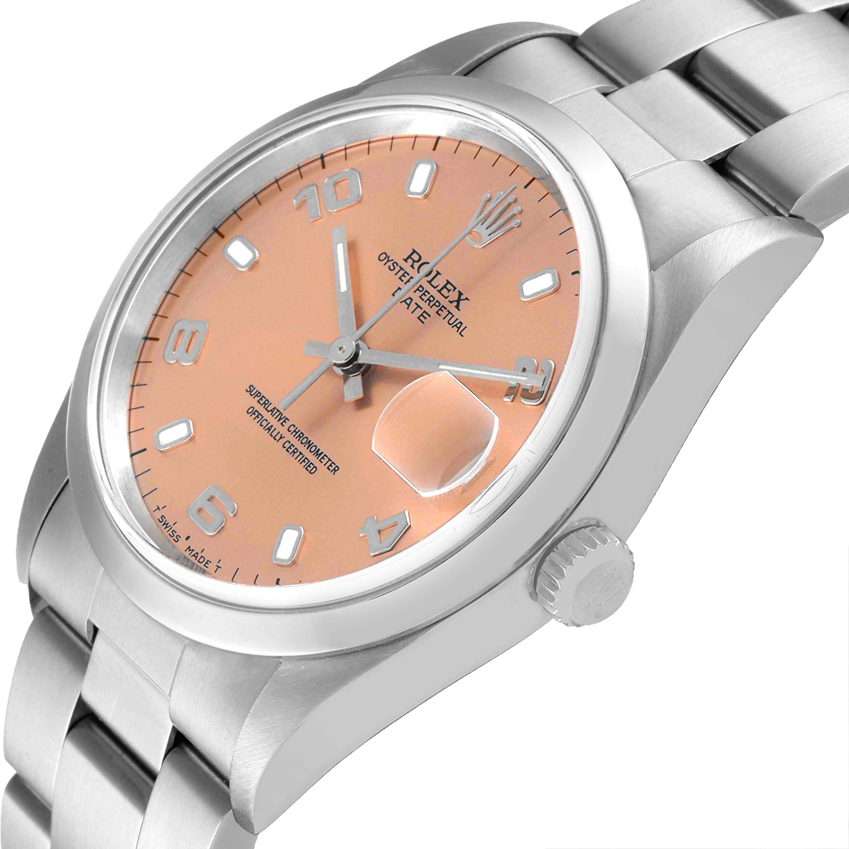 This image shows a close-up angle of the Rolex Date 15200 Men's Stainless Steel Pink Dial 15200 Men's Stainless Steel Pink Dial model watch, featuring the dial, case, crown, and bracelet.
