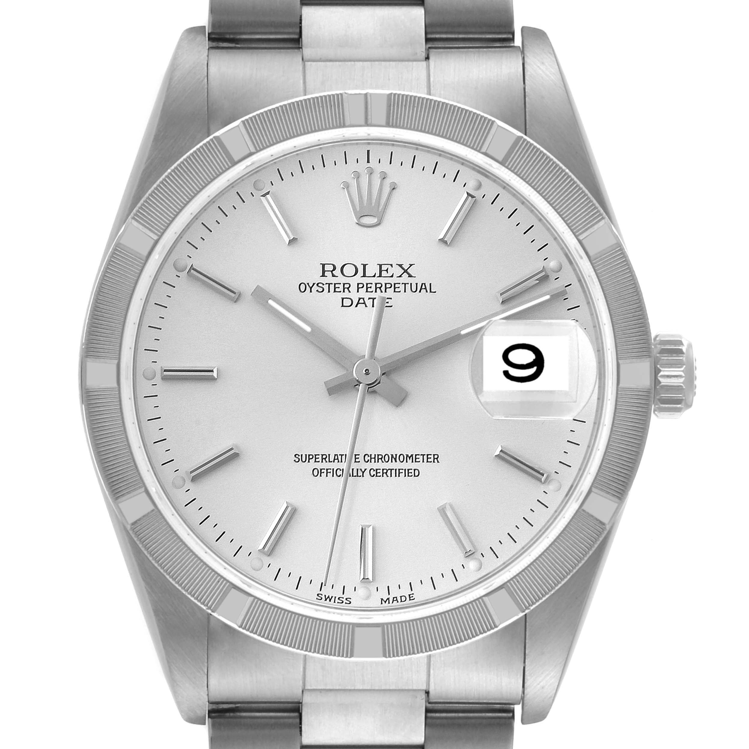 This image shows the Rolex Date 15210 Men's Stainless Steel Silver Dial 15210 Men's Stainless Steel Silver Dial model watch from a front angle, highlighting the dial, bezel, bracelet, and date display.