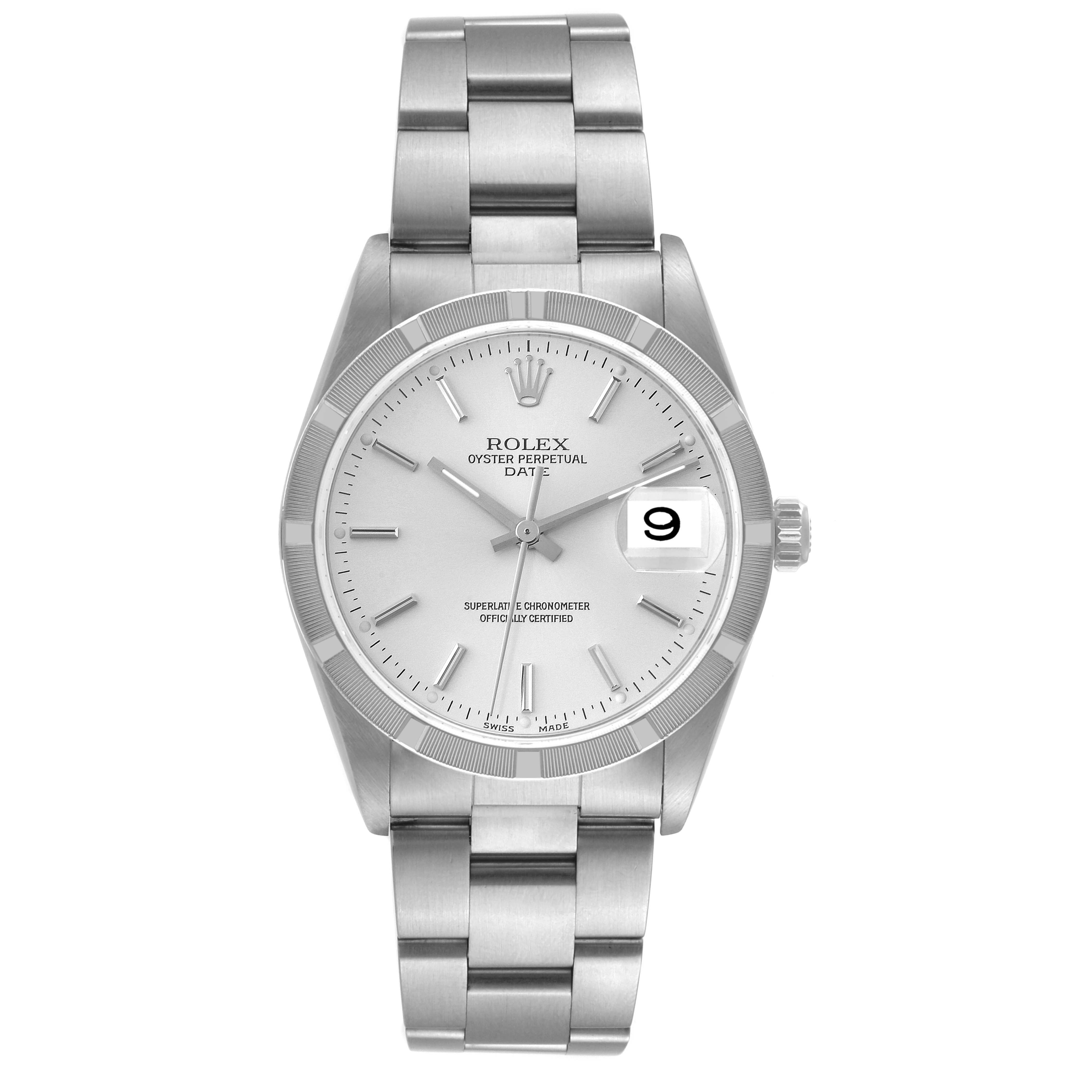 The image shows a front view of a Rolex Date 15210 Men's Stainless Steel Silver Dial 15210 Men's Stainless Steel Silver Dial model watch, highlighting its face, bezel, bracelet, and date window.