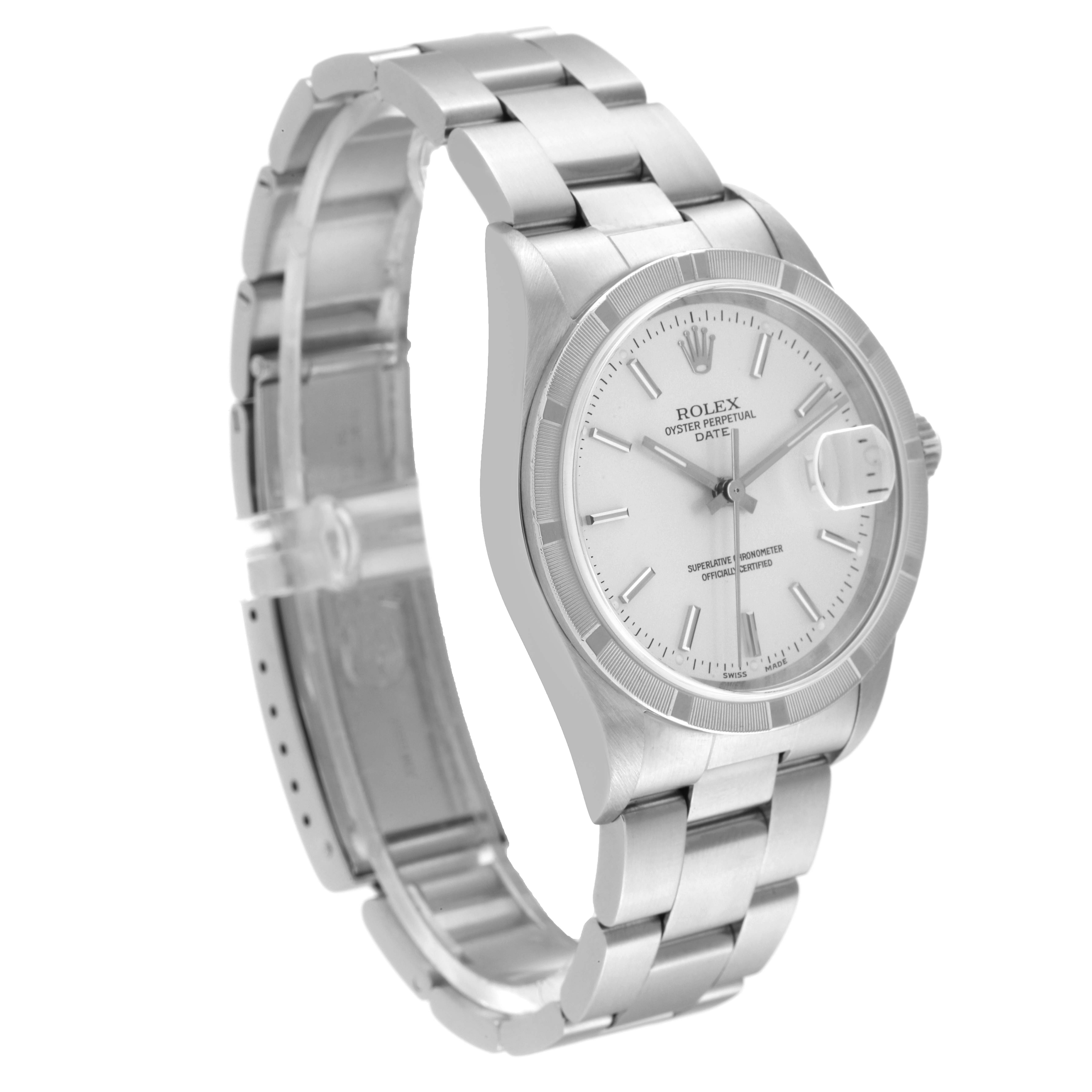 The image shows a Rolex Date 15210 Men's Stainless Steel Silver Dial 15210 Men's Stainless Steel Silver Dial model watch at a three-quarter angle, exposing the dial, bracelet, bezel, and crown.