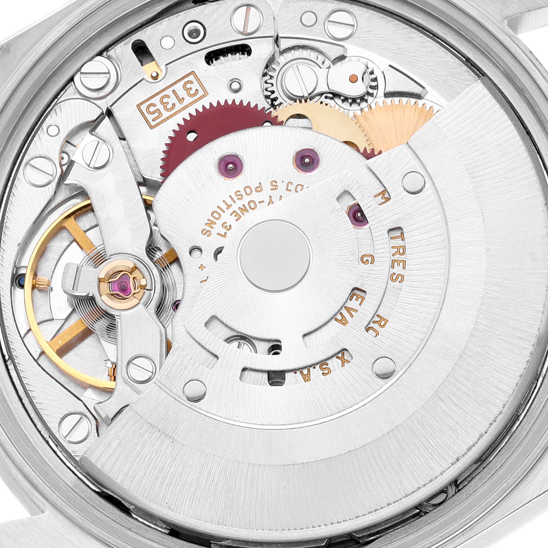 This image shows the movement and intricate inner mechanisms of a Rolex Date 15210 Men's Stainless Steel Silver Dial 15210 Men's Stainless Steel Silver Dial model watch from a close-up angle.