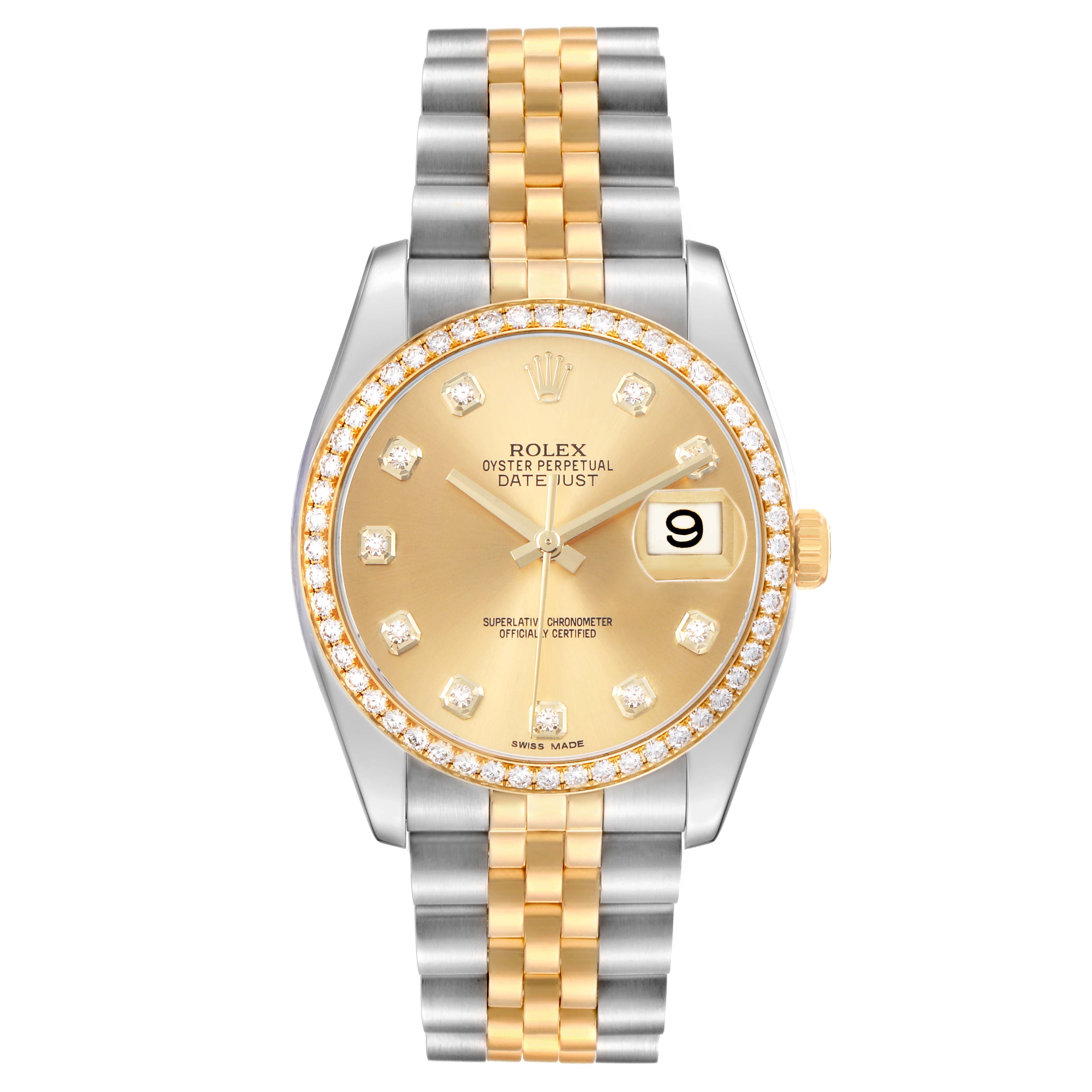 The Rolex Datejust 116243 Men's Steel and Gold (two tone) Champagne Dial watch is shown from a top-down angle, highlighting its face, bezel, and bracelet.