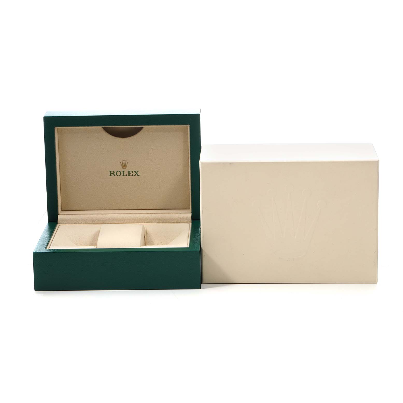The image shows an open green Rolex Datejust 116243 Men's Steel and Gold (two tone) Champagne Dial watch box with a beige interior, alongside a closed outer cardboard box.