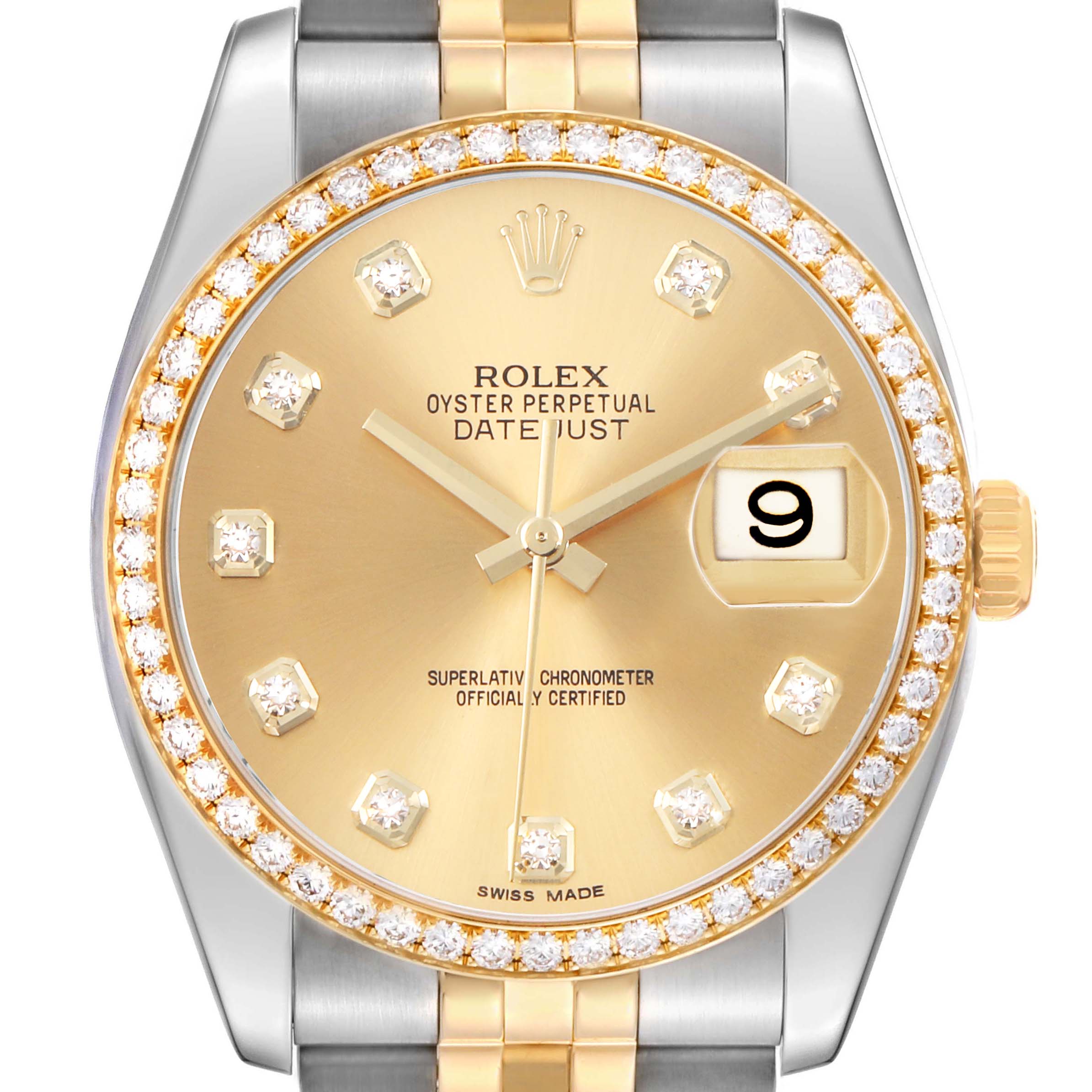 The Rolex Datejust 116243 Men's Steel and Gold (two tone) Champagne Dial watch is shown from the front, highlighting its gold dial, diamond bezel, and date feature.