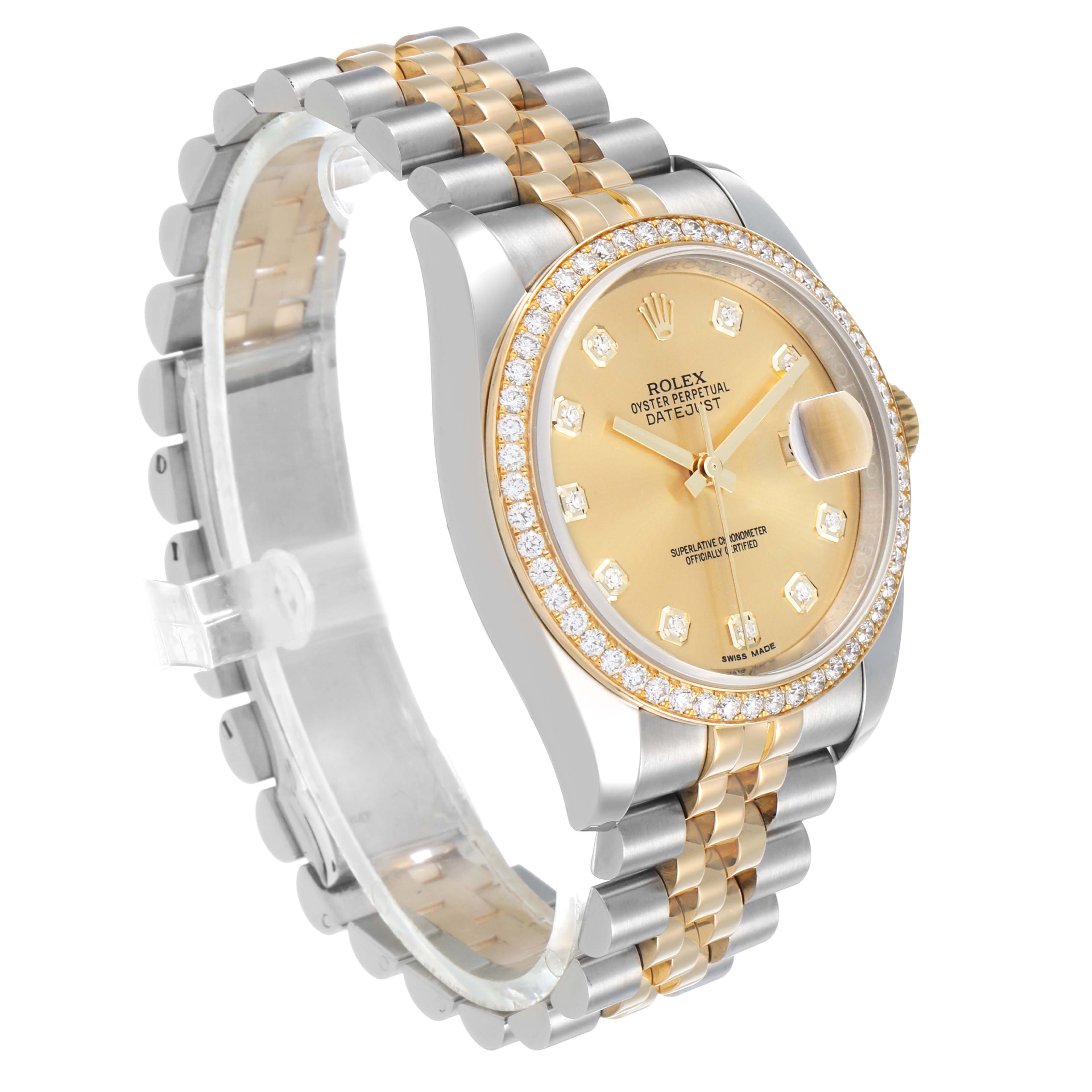 The Rolex Datejust 116243 Men's Steel and Gold (two tone) Champagne Dial watch is shown at a three-quarter angle, highlighting the dial, bezel, and bracelet.