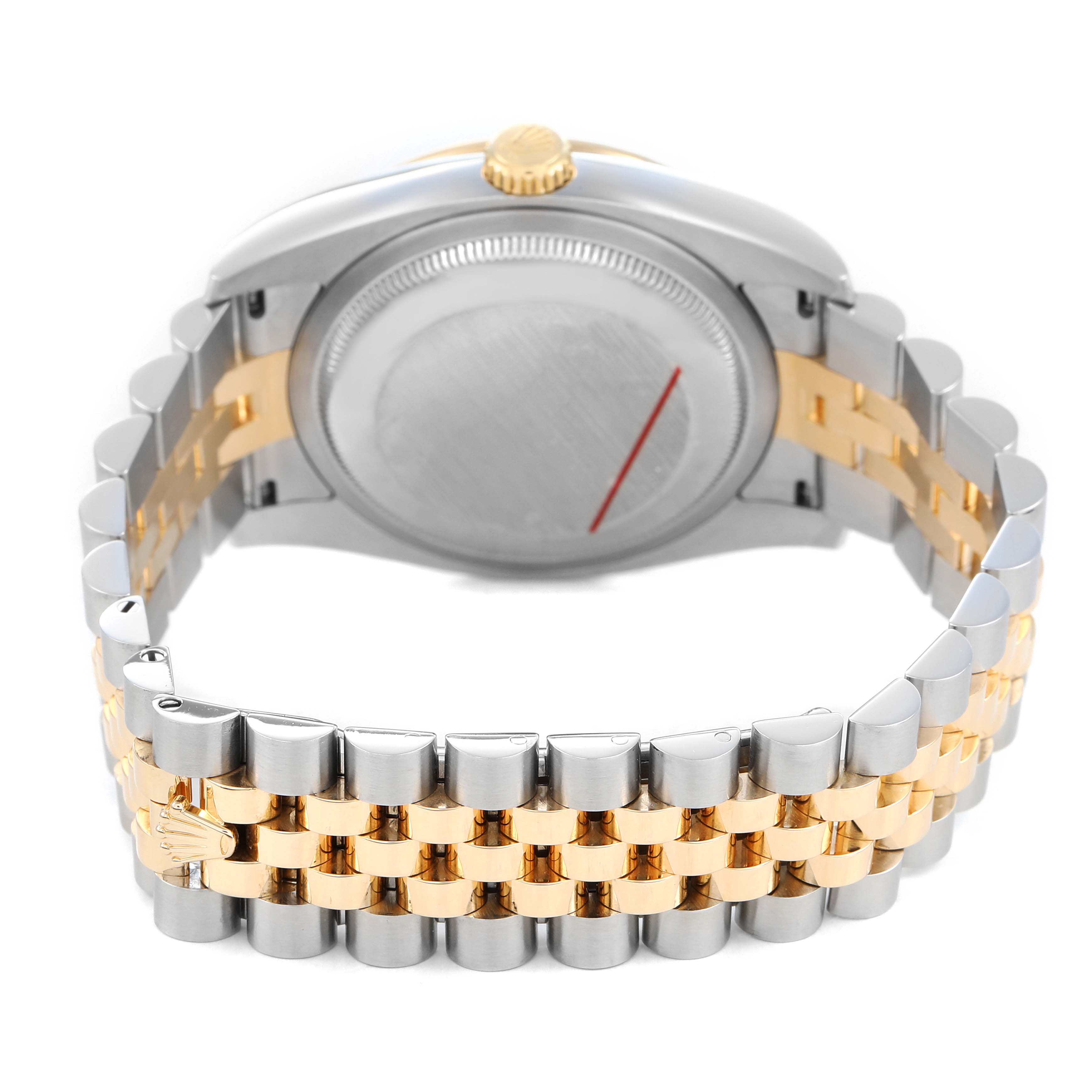 The image shows the back of the Rolex Datejust 116243 Men's Steel and Gold (two tone) Champagne Dial watch with two-tone bracelet and closed clasp.