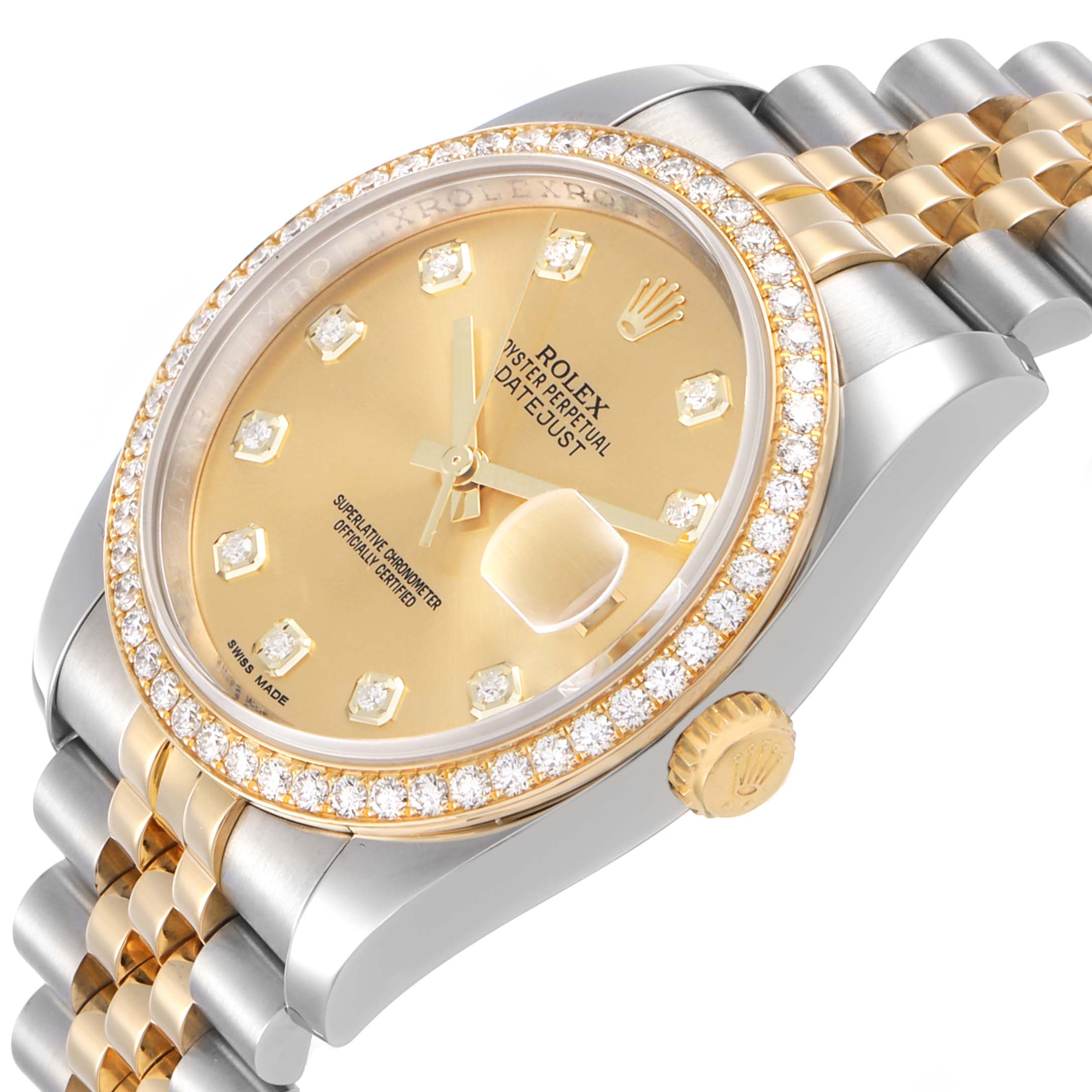The Rolex Datejust 116243 Men's Steel and Gold (two tone) Champagne Dial watch is shown at a three-quarter angle displaying its gold dial, diamond bezel, and two-tone bracelet.