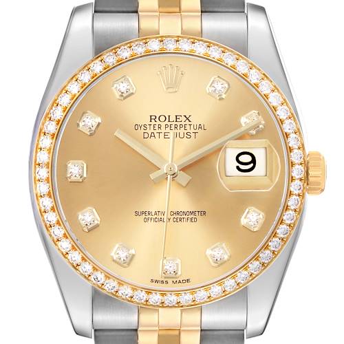 The Rolex Datejust 116243 Men's Steel and Gold (two tone) Champagne Dial watch is shown from the front, highlighting the dial, bezel, and part of the bracelet.