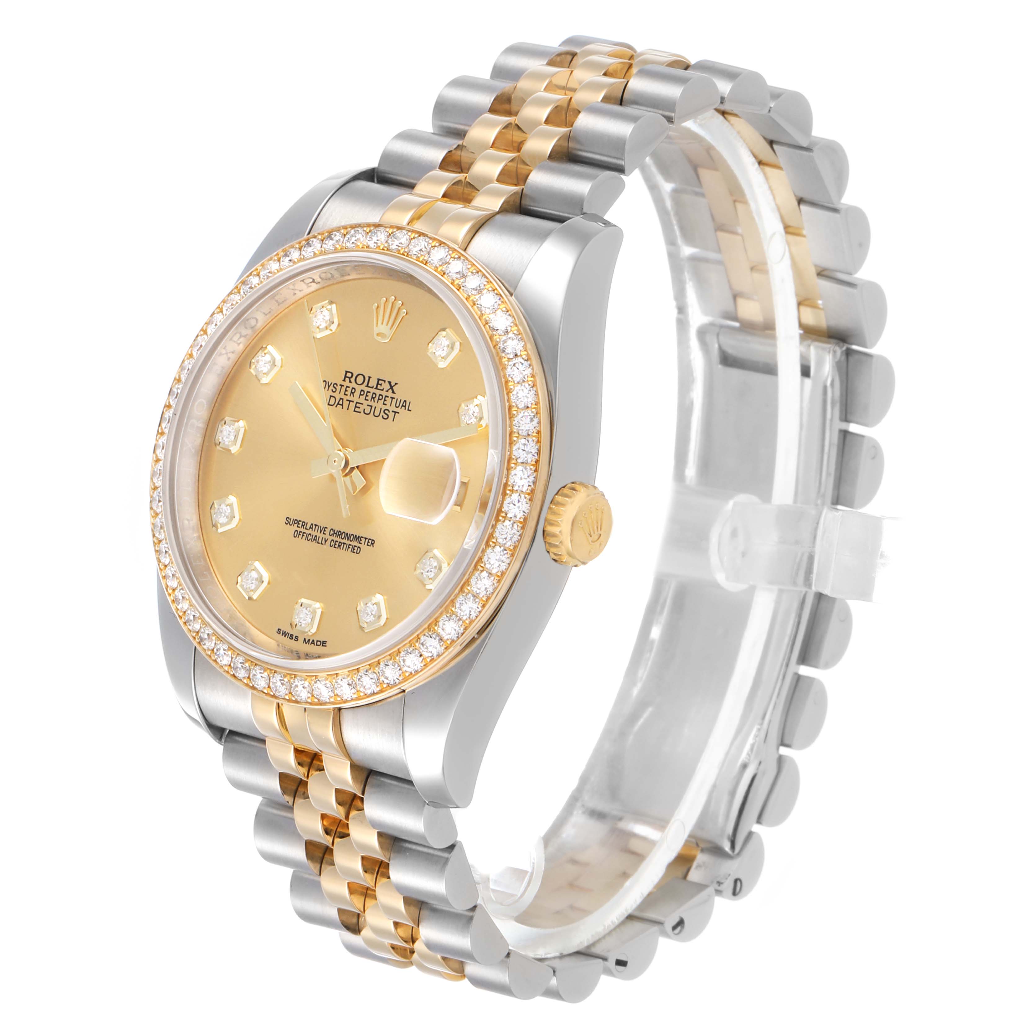 The Rolex Datejust 116243 Men's Steel and Gold (two tone) Champagne Dial watch is shown at a side angle, highlighting the gold and silver bracelet, diamond bezel, and champagne dial.