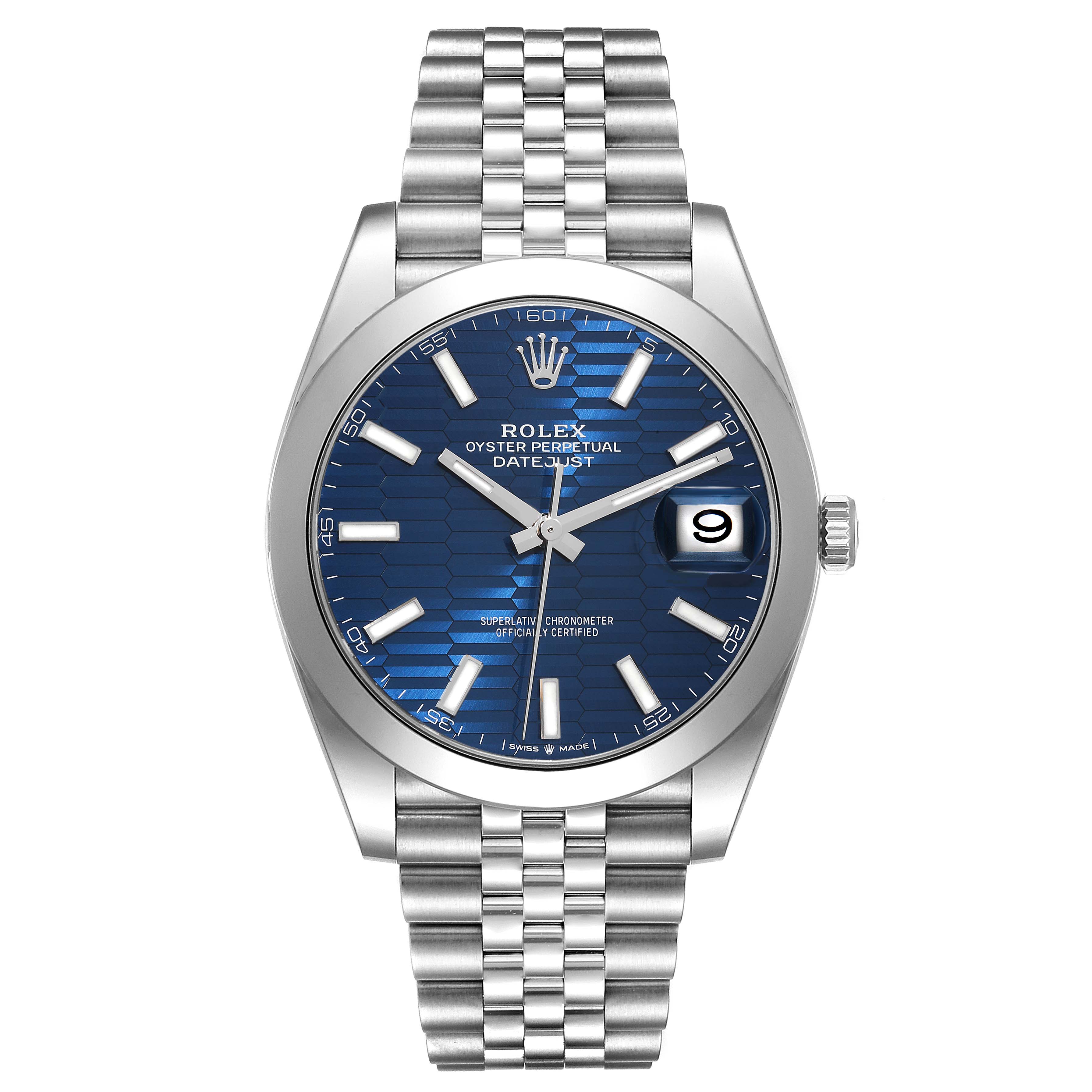 This image shows a front view of a Rolex Datejust 41 126300 Men
s Stainless Steel Blue Dial 126300 Men
s Stainless Steel Blue Dial watch with a blue dial and a jubilee bracelet.
