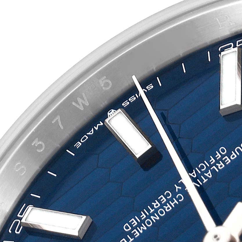This close-up image shows the dial, hour markers, and part of the bezel of the Rolex Datejust 41 126300 Men
s Stainless Steel Blue Dial 126300 Men
s Stainless Steel Blue Dial watch.