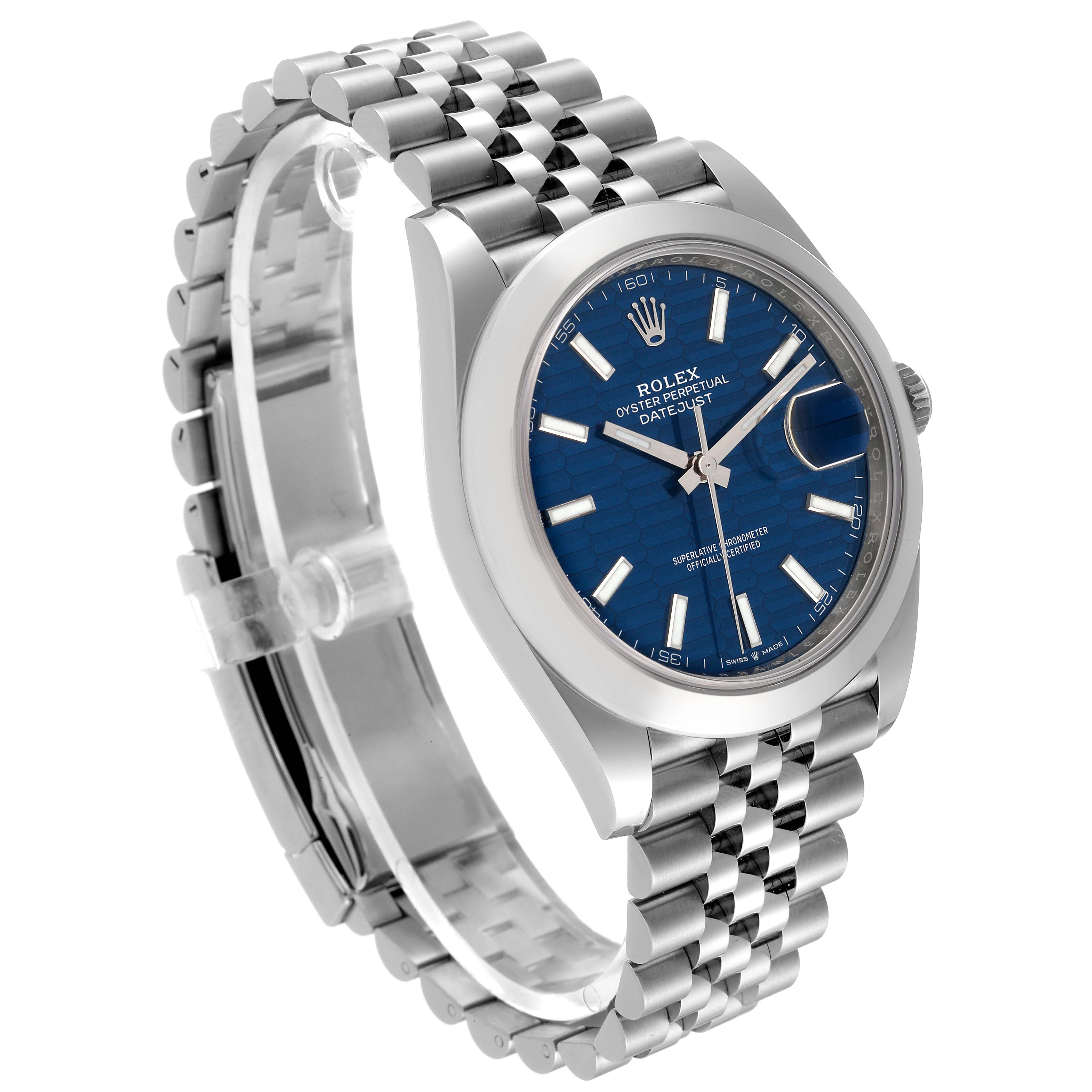 The image shows a side view of the Rolex Datejust 41 126300 Men
s Stainless Steel Blue Dial 126300 Men
s Stainless Steel Blue Dial with a blue dial, jubilee bracelet, and date display window.