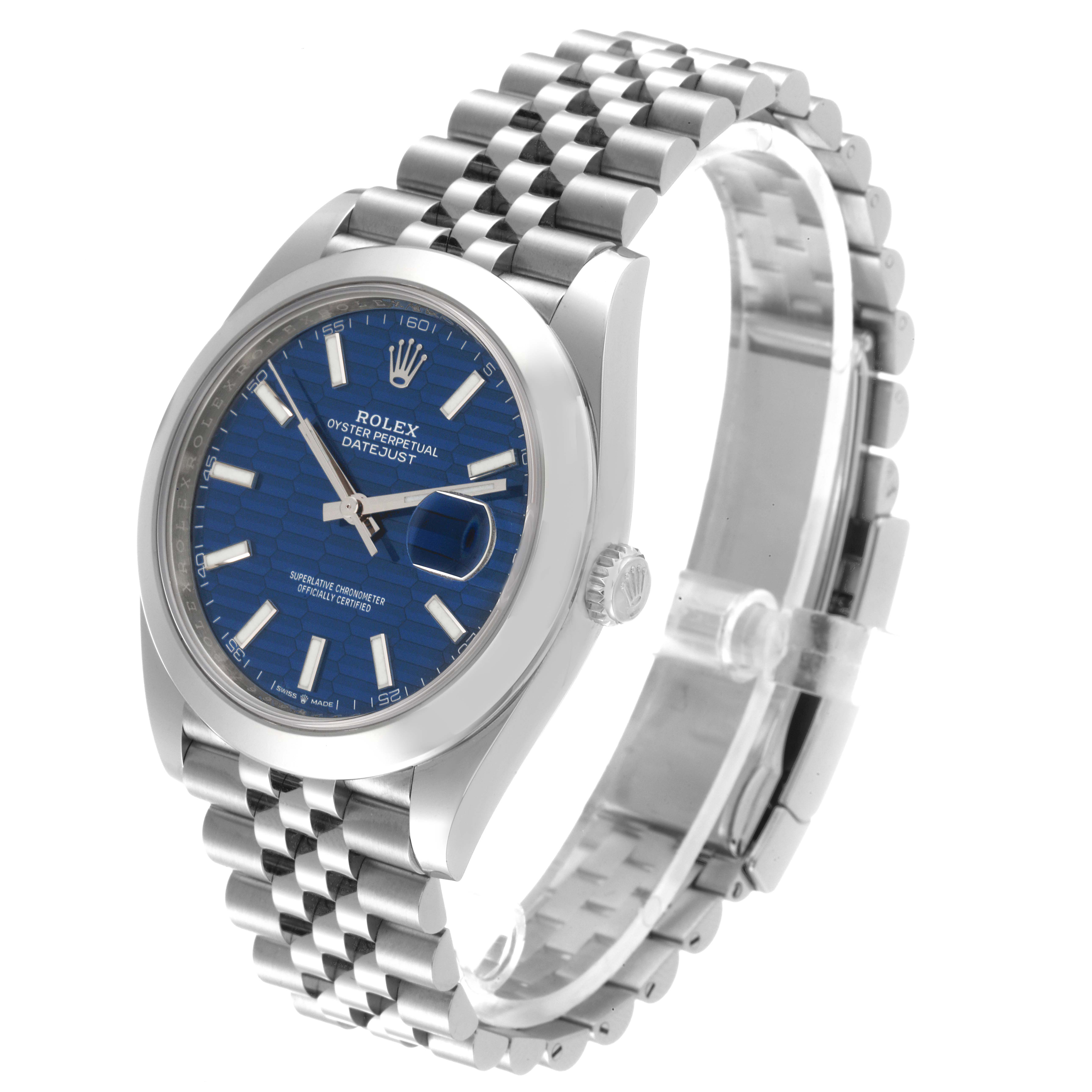 The Rolex Datejust 41 126300 Men
s Stainless Steel Blue Dial 126300 Men
s Stainless Steel Blue Dial watch is shown at an oblique angle, highlighting its blue dial, fluted bezel, and Jubilee bracelet.